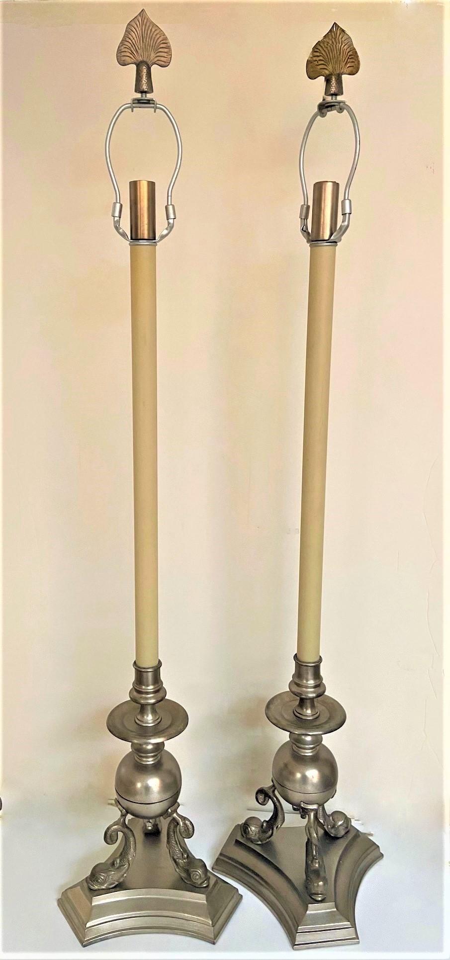 Pair of Vintage Dolphin Koi Fish Base Tall Candlestick Lamps by Chapman & Co. For Sale 1