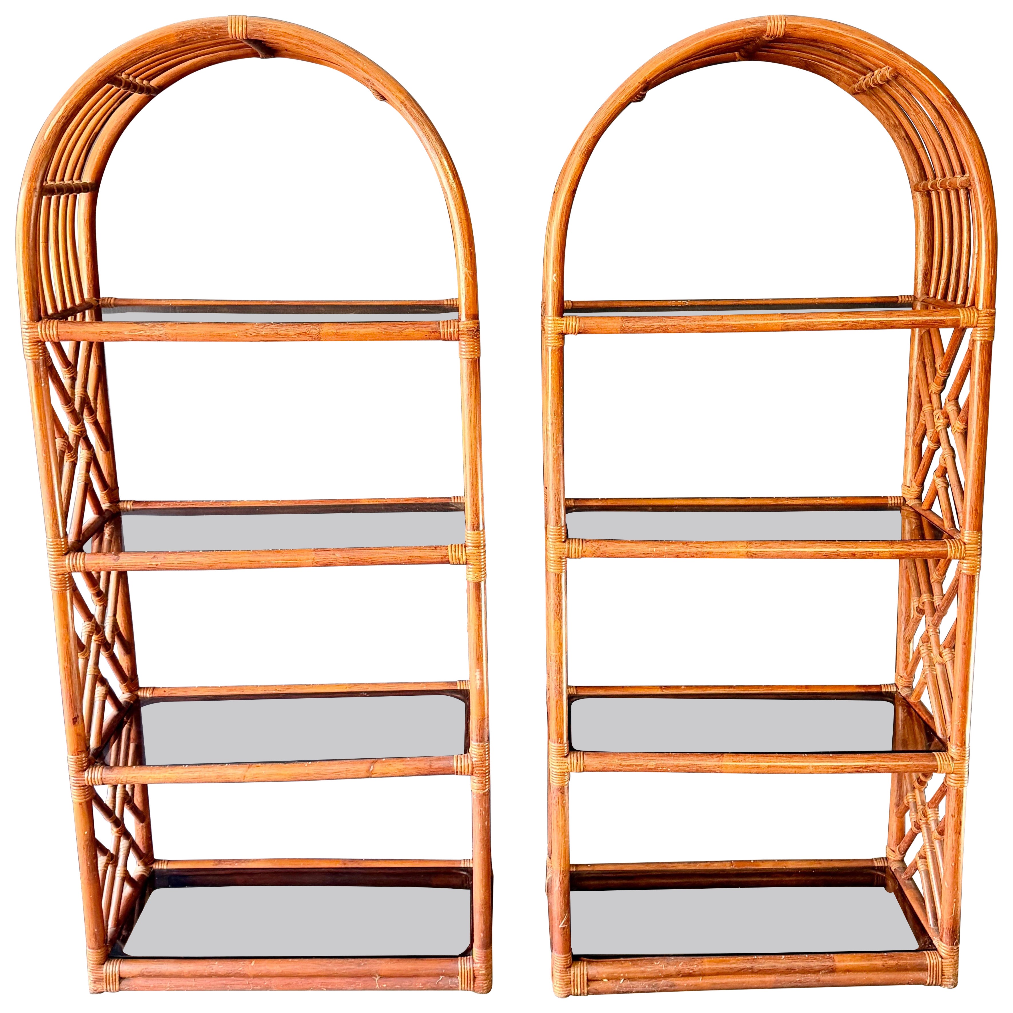 Pair Of Vintage Domed Mid-Century Cane Shelves
