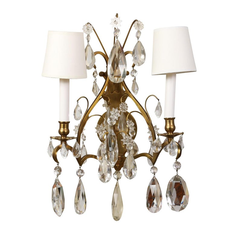 Pair of Vintage Double Arm Sconces With Hanging Crystals For Sale at