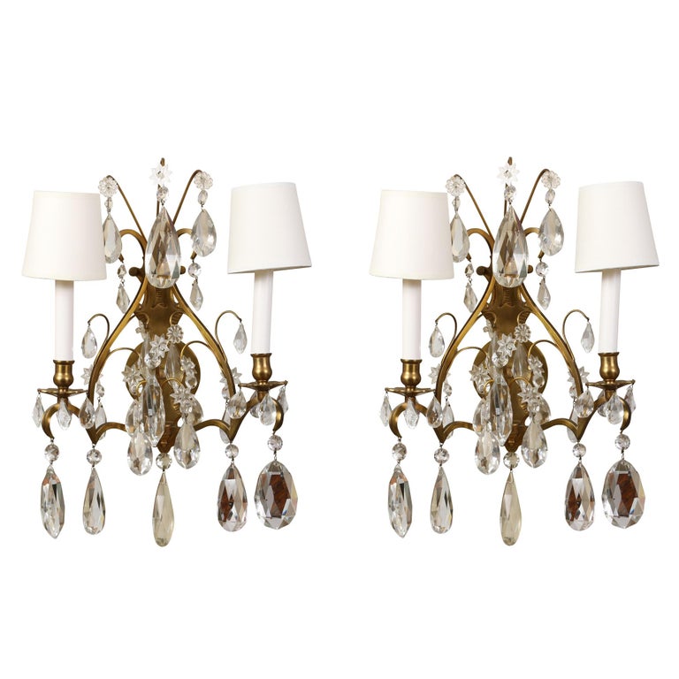 Pair of Vintage Double Arm Sconces With Hanging Crystals For Sale at