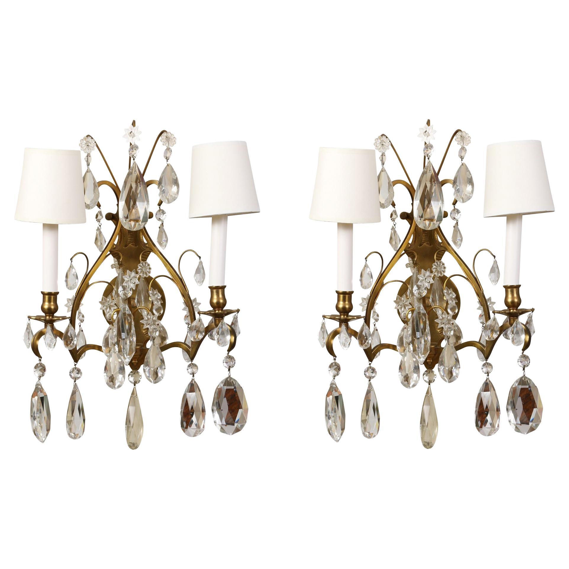 Pair of Vintage Double Arm Sconces With Hanging Crystals