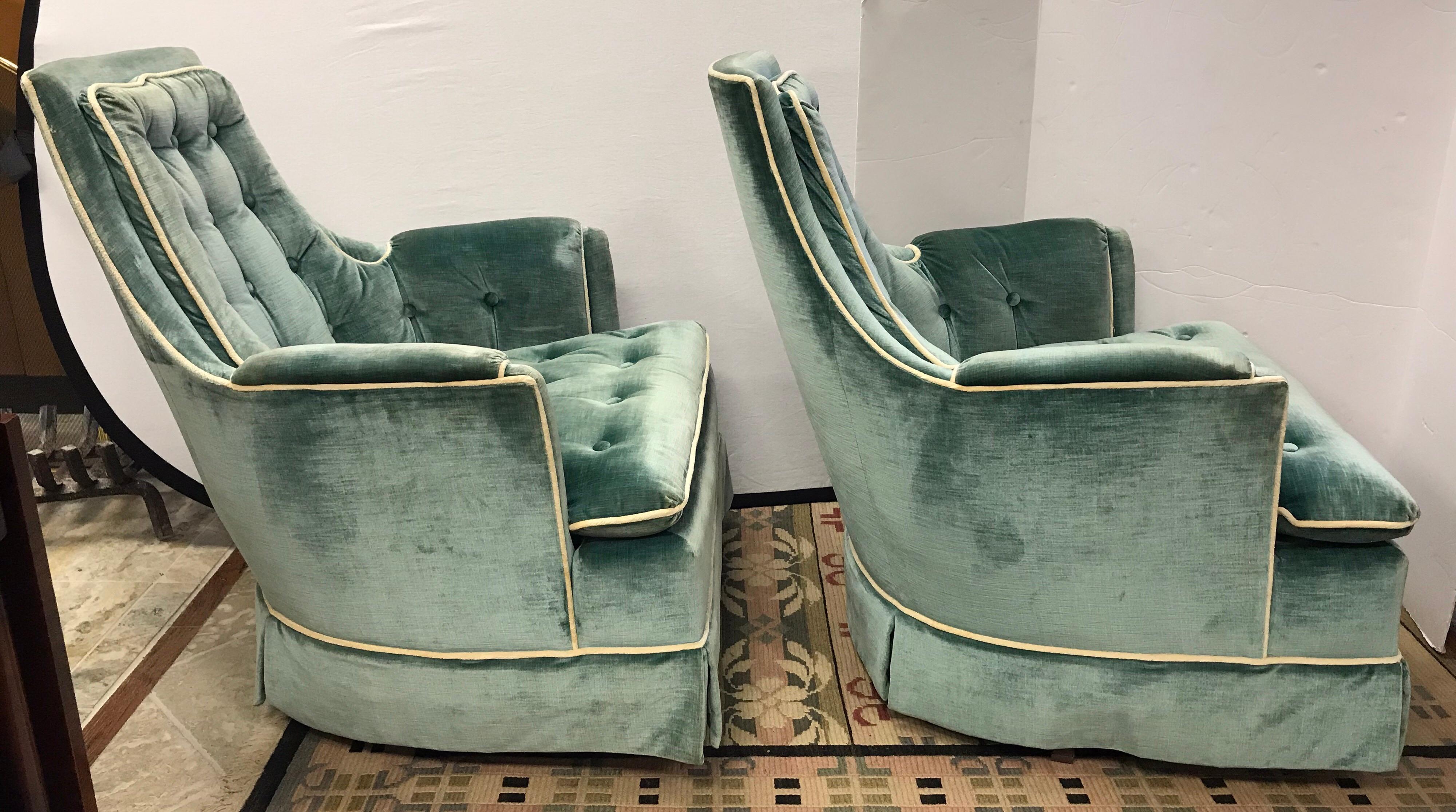 Pair of Vintage Drexel Velvet Tufted Swivel Chairs Rockers In Good Condition In West Hartford, CT
