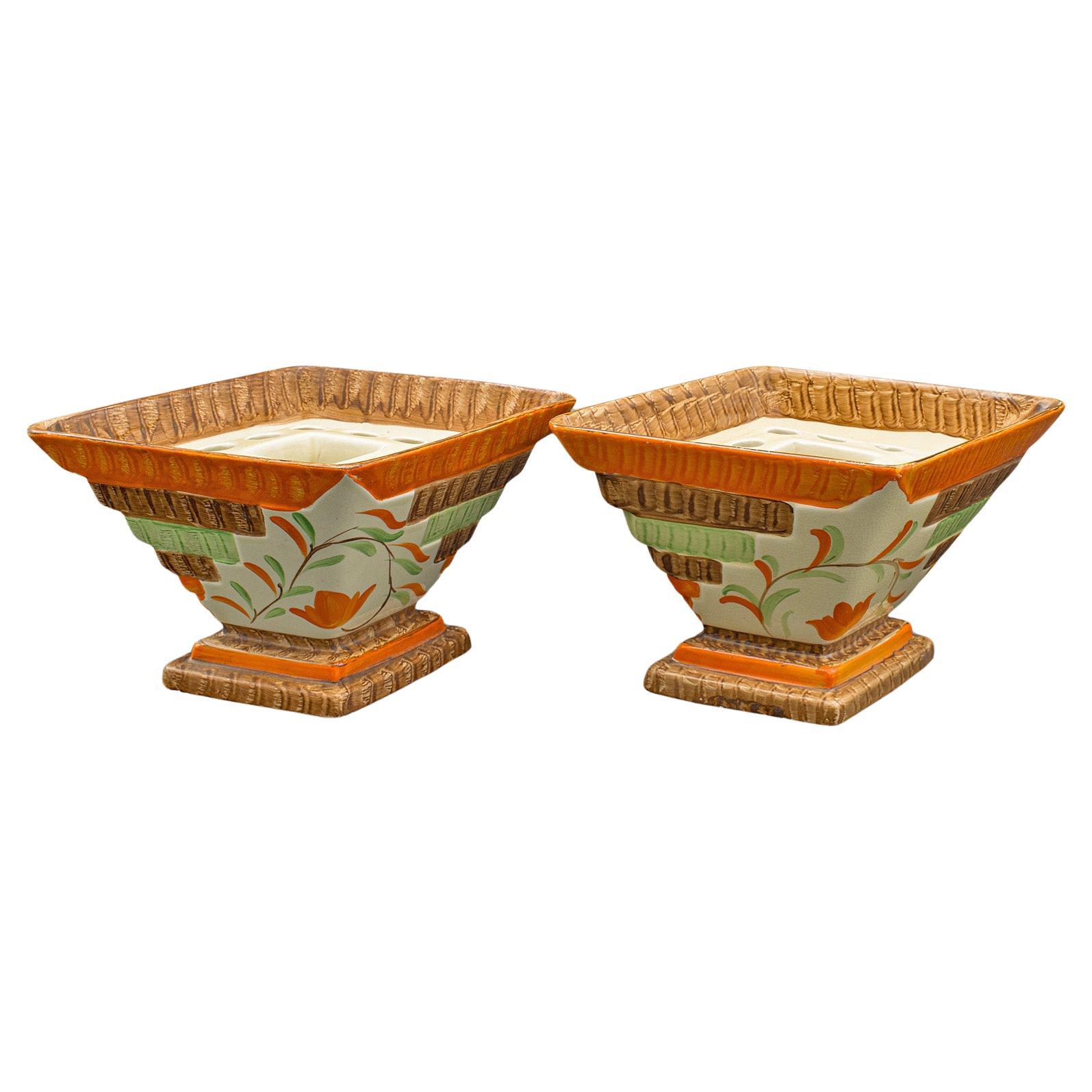 Paar Vintage-Blumenvasen aus getrockneter Keramik, englisch, handbemalt, Art déco, Art déco