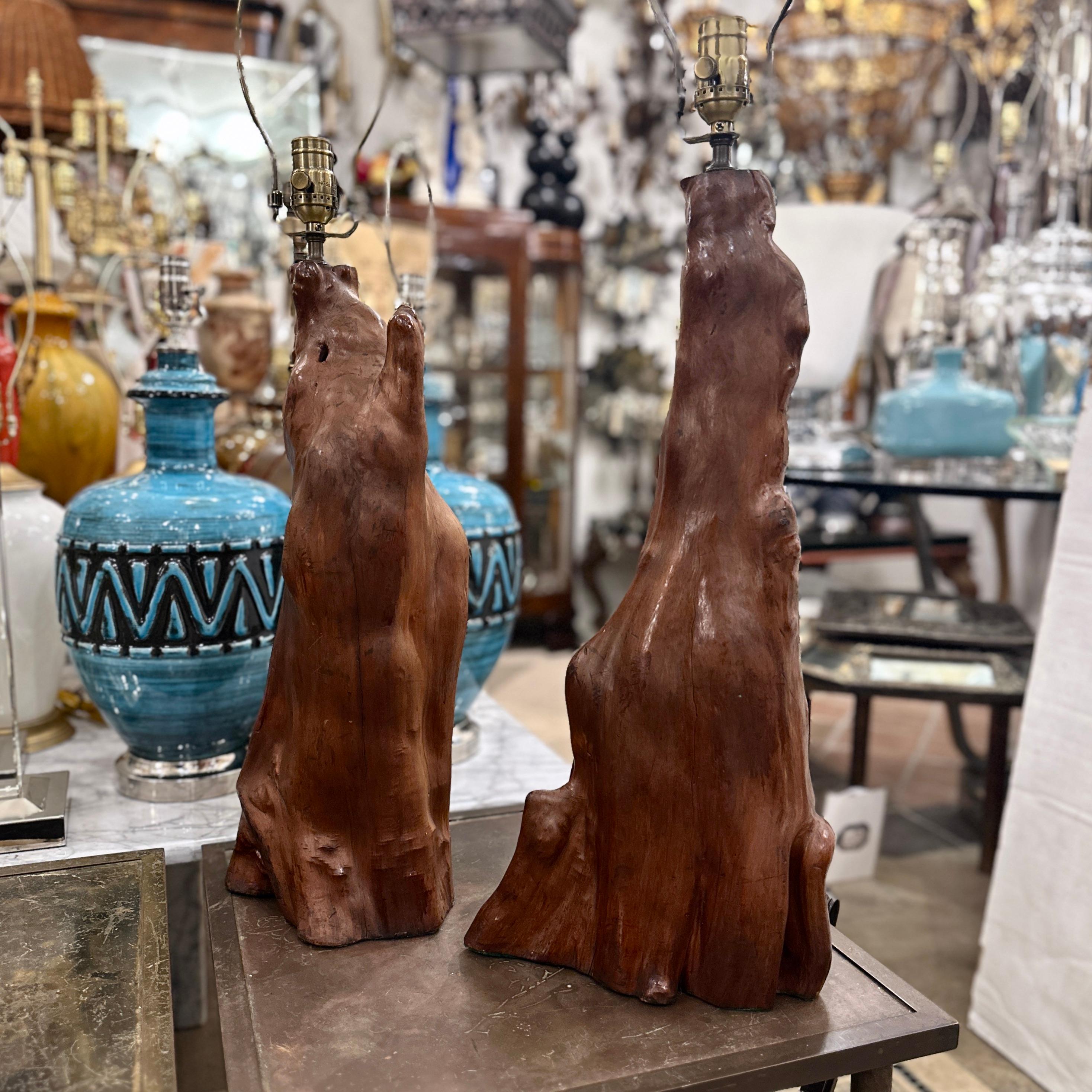 Milieu du XXe siècle Paire de lampes vintage en bois flotté en vente