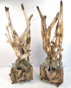 Pair of Vintage Driftwood Floor Lamps with Glass End Tables