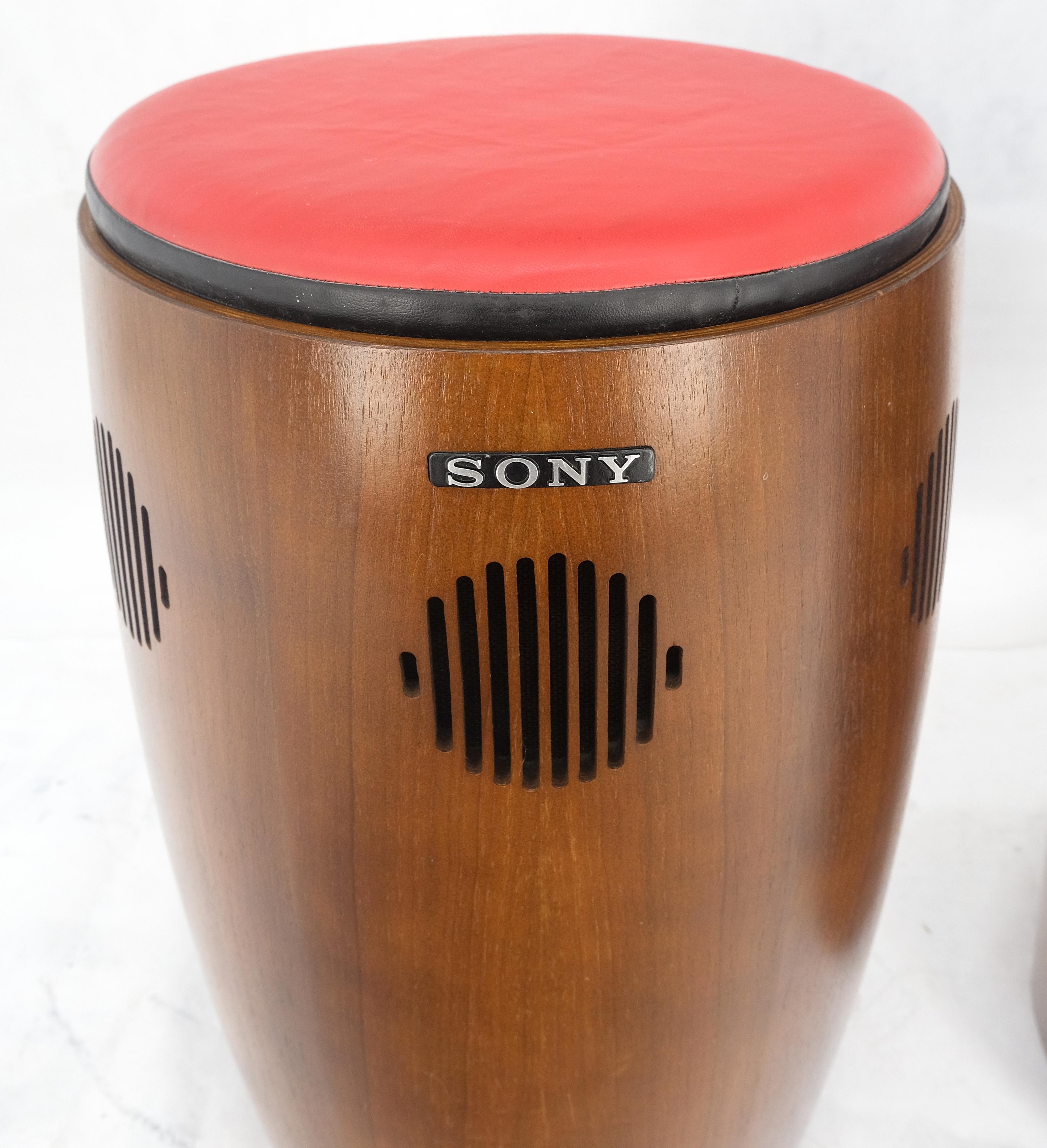 Mid-Century Modern Pair of Vintage Drum Shape Bar Stools SONY Speakers Reversible Seats MINT! For Sale