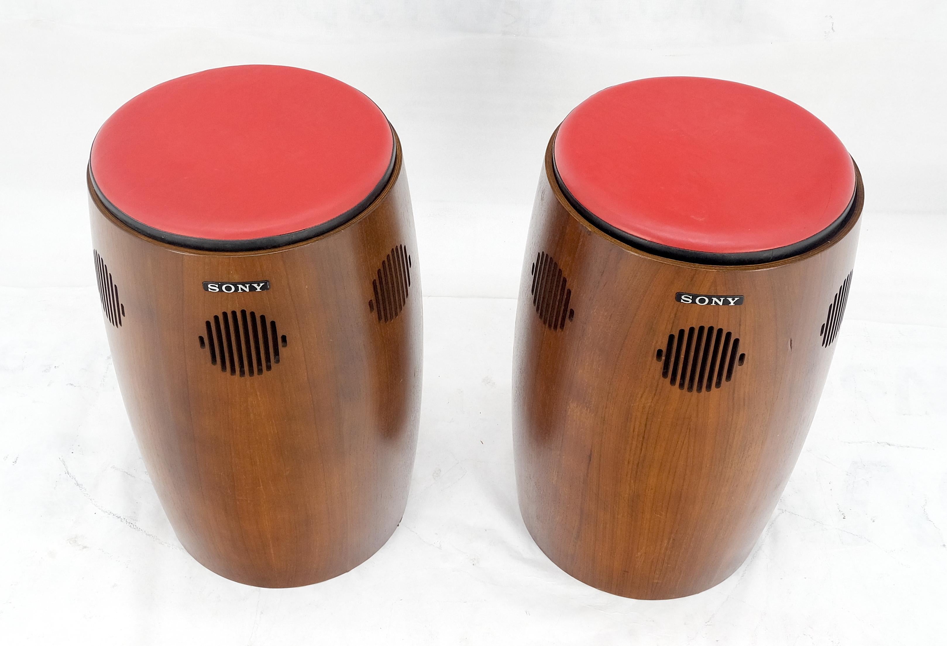 Leather Pair of Vintage Drum Shape Bar Stools SONY Speakers Reversible Seats MINT! For Sale