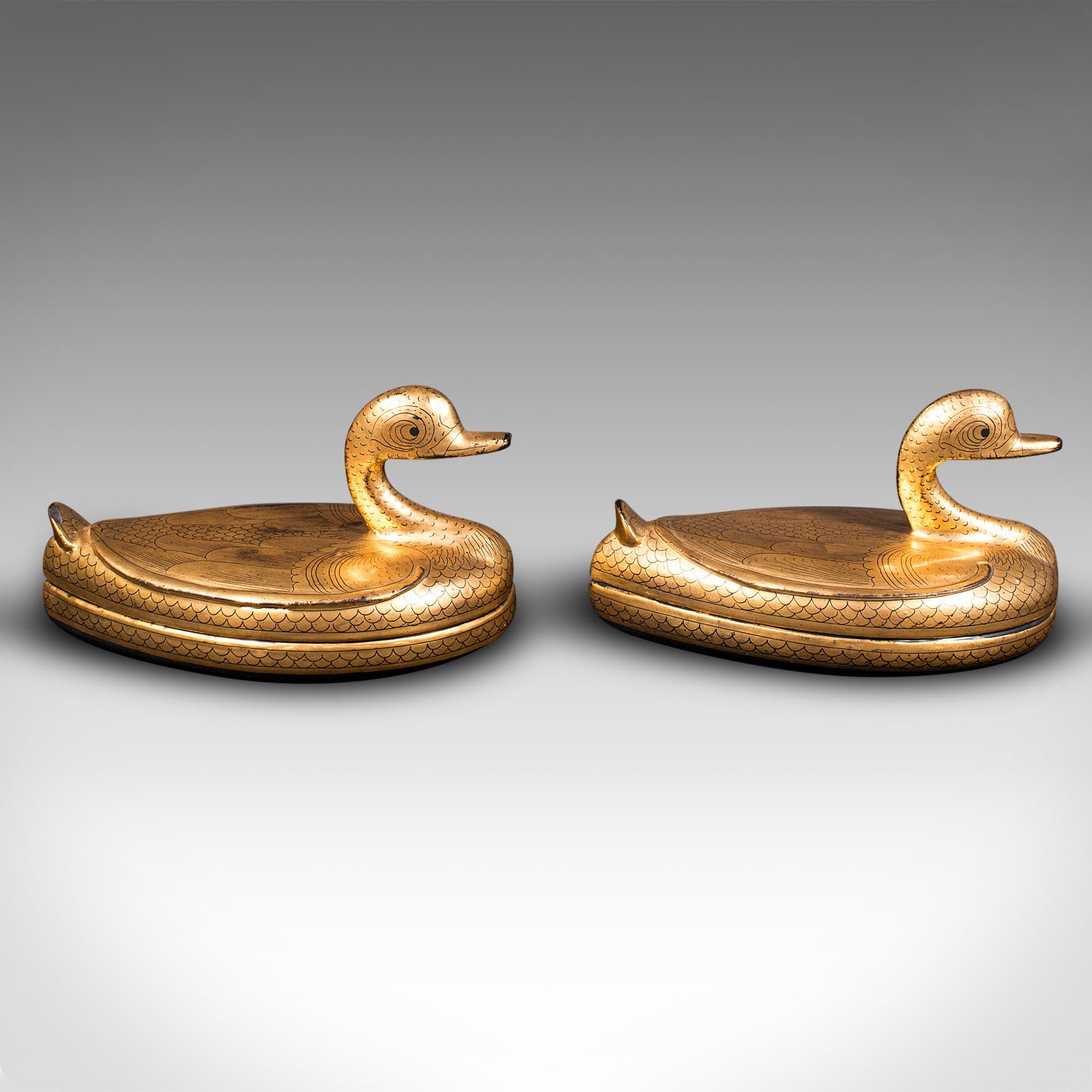 Art Deco Pair Of Vintage Duck Form Pots, Oriental, Lacquer, Gilt, Decorative, Trinket Box