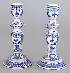 Pair of Vintage Dutch Delft Faience Candlesticks