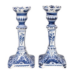 Pair of Vintage Dutch Delft Faience Candlesticks
