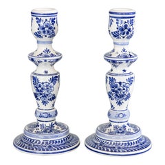 Pair of Vintage Dutch Delft Faience Candlesticks