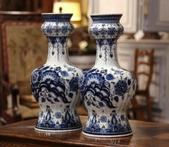 Pair of Vintage Dutch Hand Painted Blue and White Faience Delft Vases
