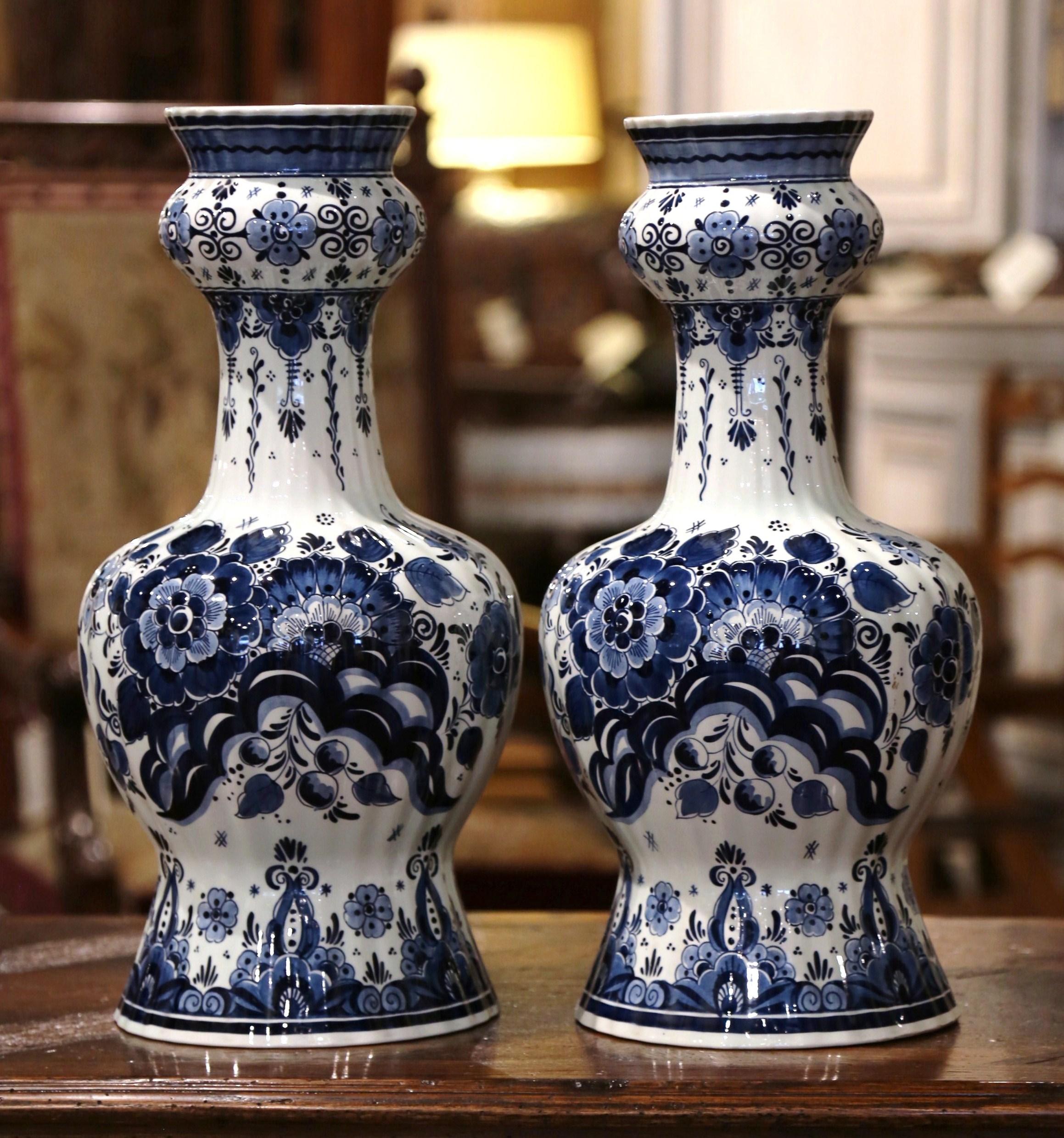 Hand-Crafted Pair of Vintage Dutch Hand Painted Blue and White Faience Delft Vases