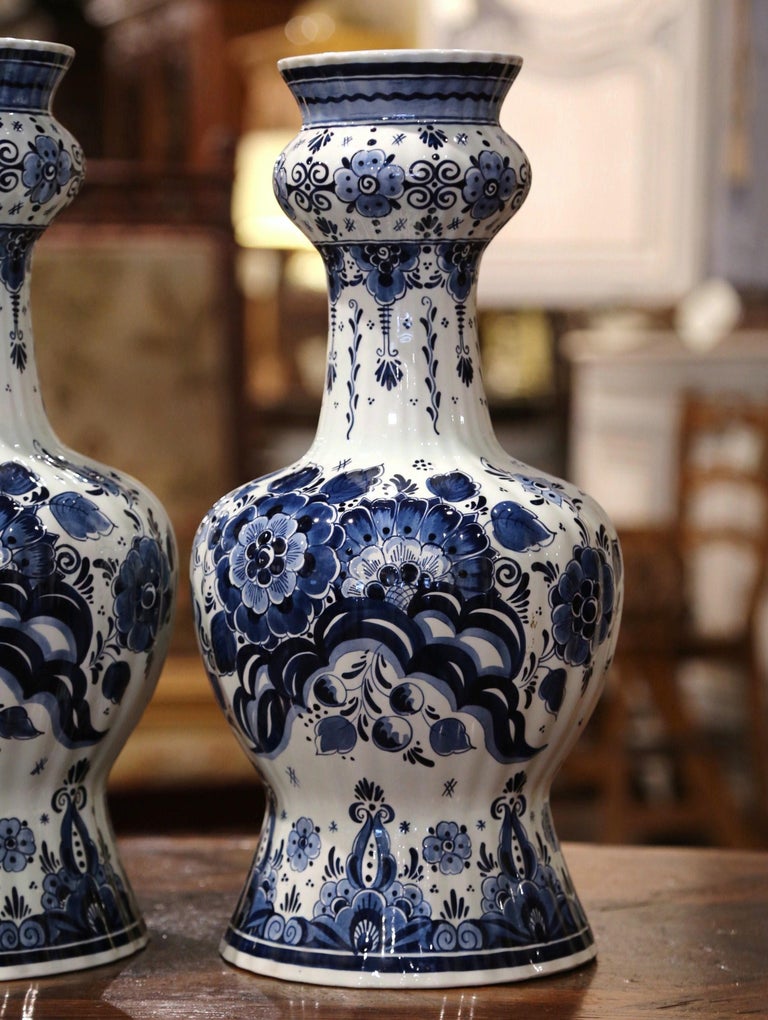 Pair of Vintage Dutch Hand Painted Blue and White Faience Delft Vases ...
