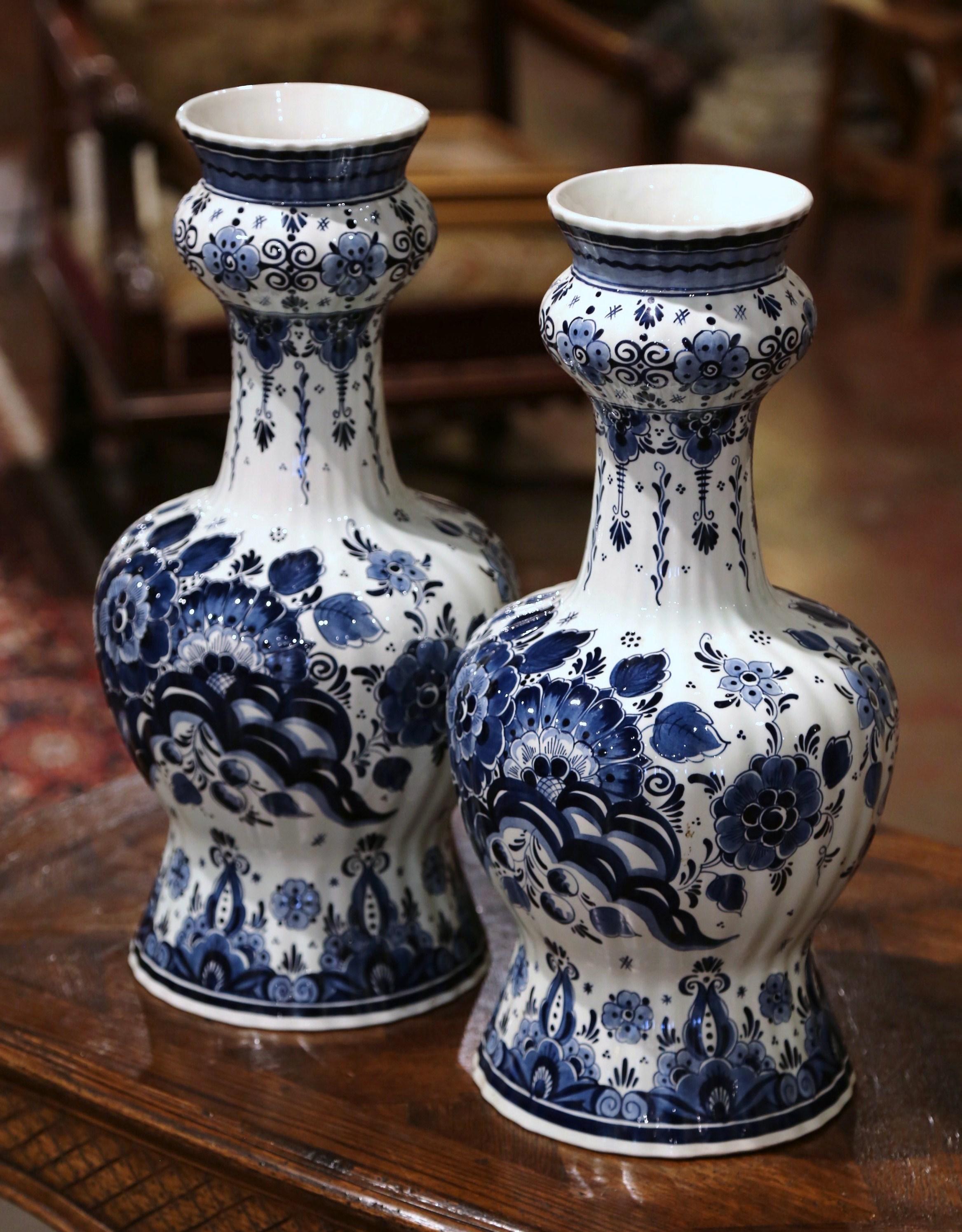 20th Century Pair of Vintage Dutch Hand Painted Blue and White Faience Delft Vases