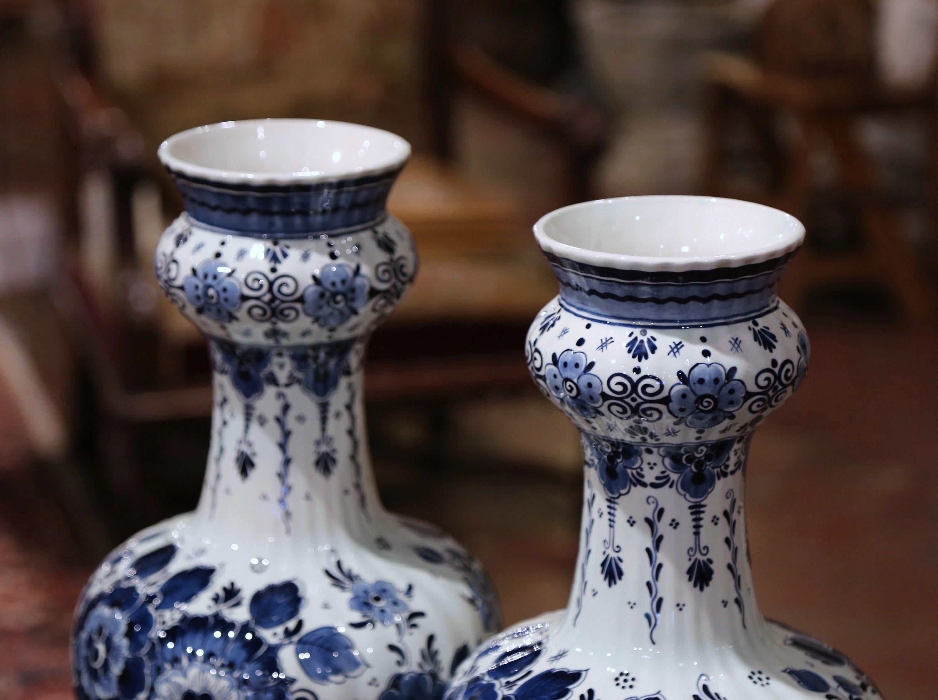 Ceramic Pair of Vintage Dutch Hand Painted Blue and White Faience Delft Vases