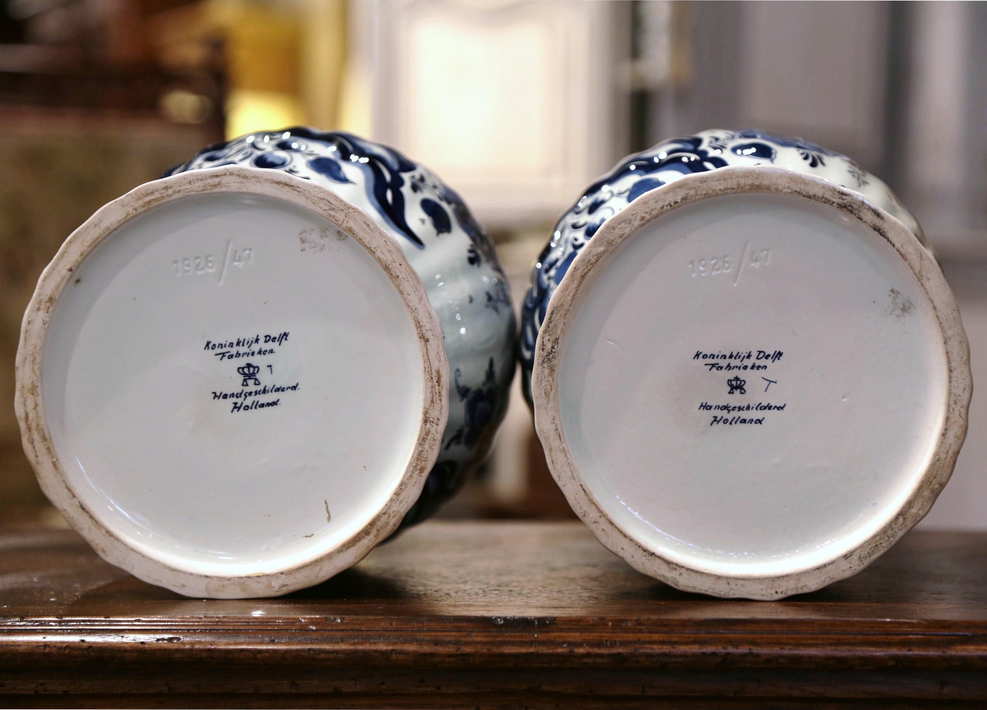 Pair of Vintage Dutch Hand Painted Blue and White Faience Delft Vases 1