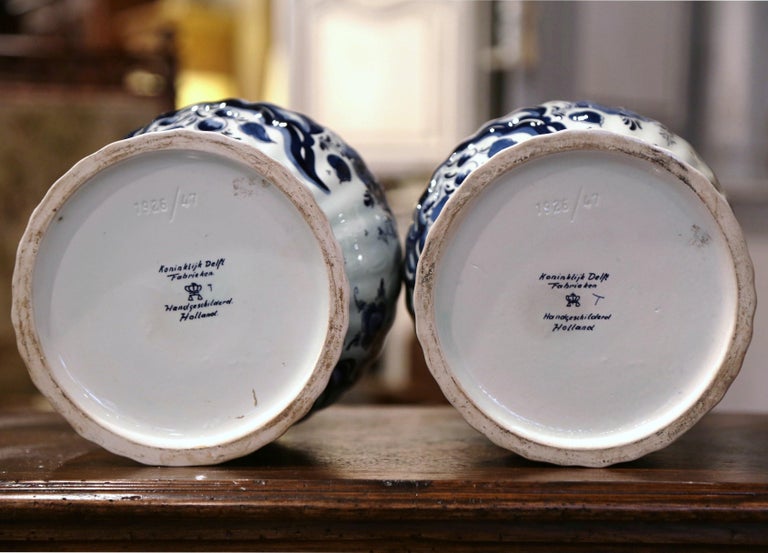 Pair of Vintage Dutch Hand Painted Blue and White Faience Delft Vases ...
