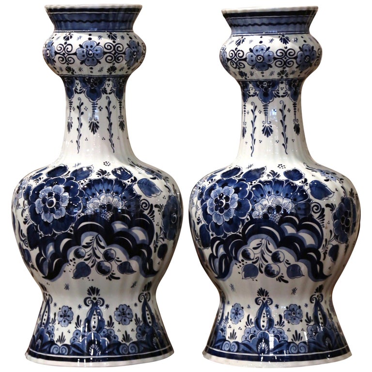 Pair of Vintage Dutch Hand Painted Blue and White Faience Delft Vases ...
