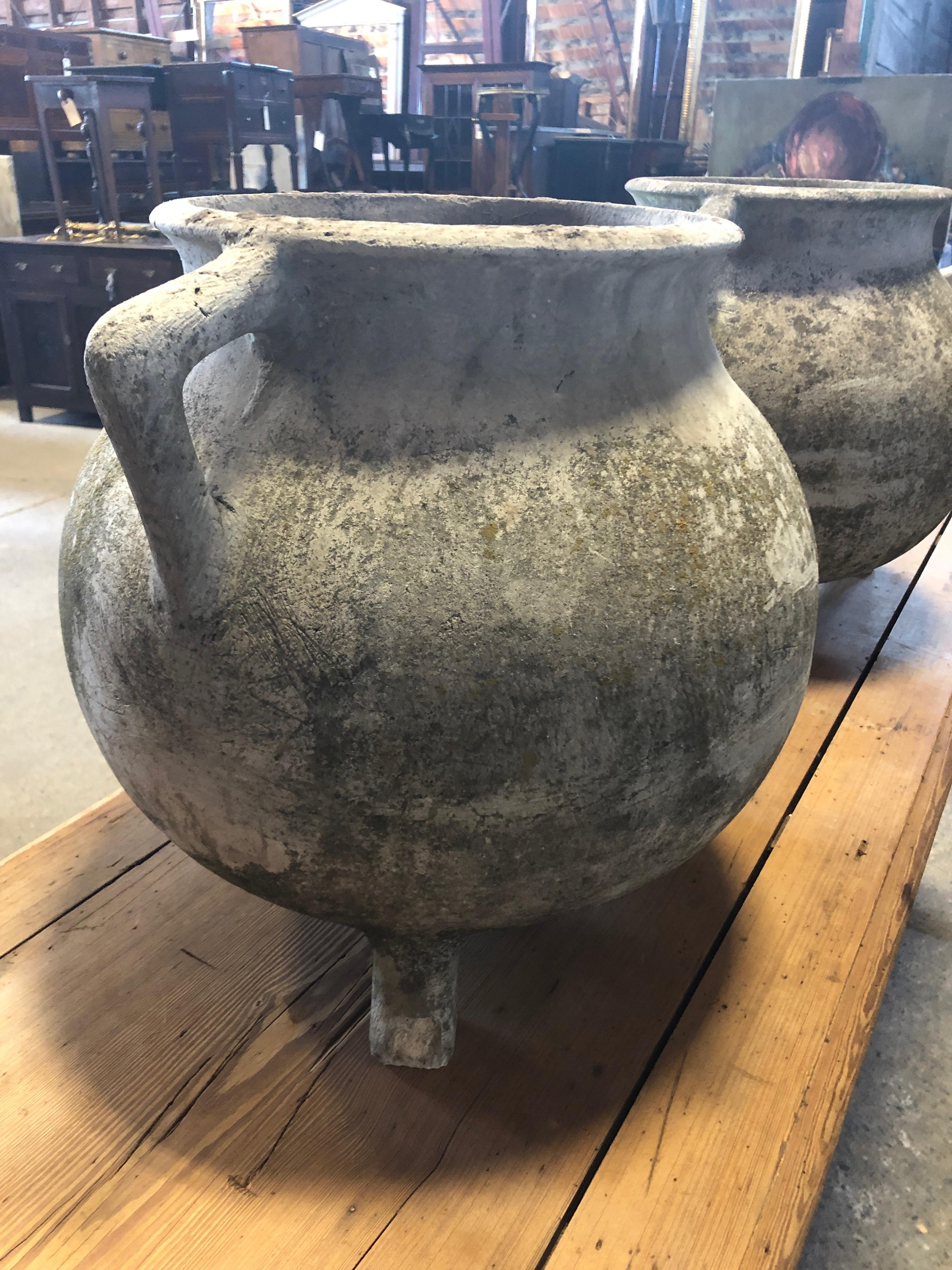 Pottery Pair of Vintage Earthy Ceramic French Planters on Feet