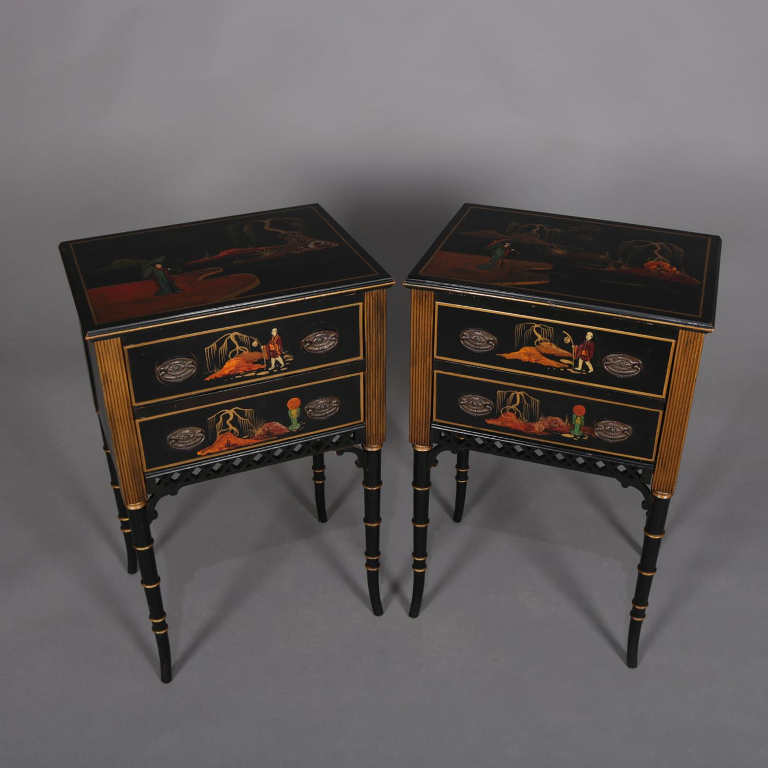 European Pair of Vintage Ebonized, Gilt & Hand Painted Chinoiserie 2-Drawer End Stands