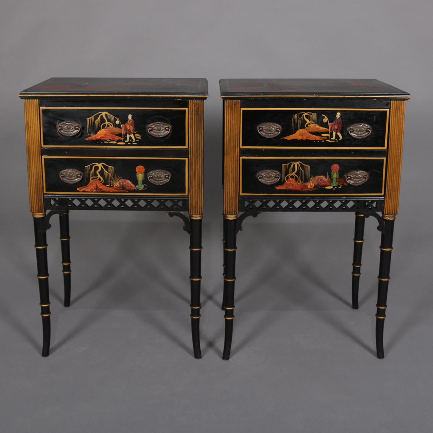Cast Pair of Vintage Ebonized, Gilt & Hand Painted Chinoiserie 2-Drawer End Stands