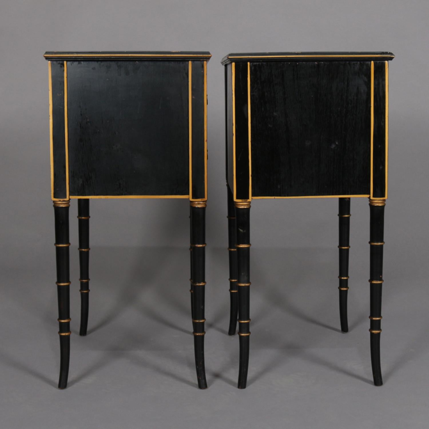 Bronze Pair of Vintage Ebonized, Gilt & Hand Painted Chinoiserie 2-Drawer End Stands