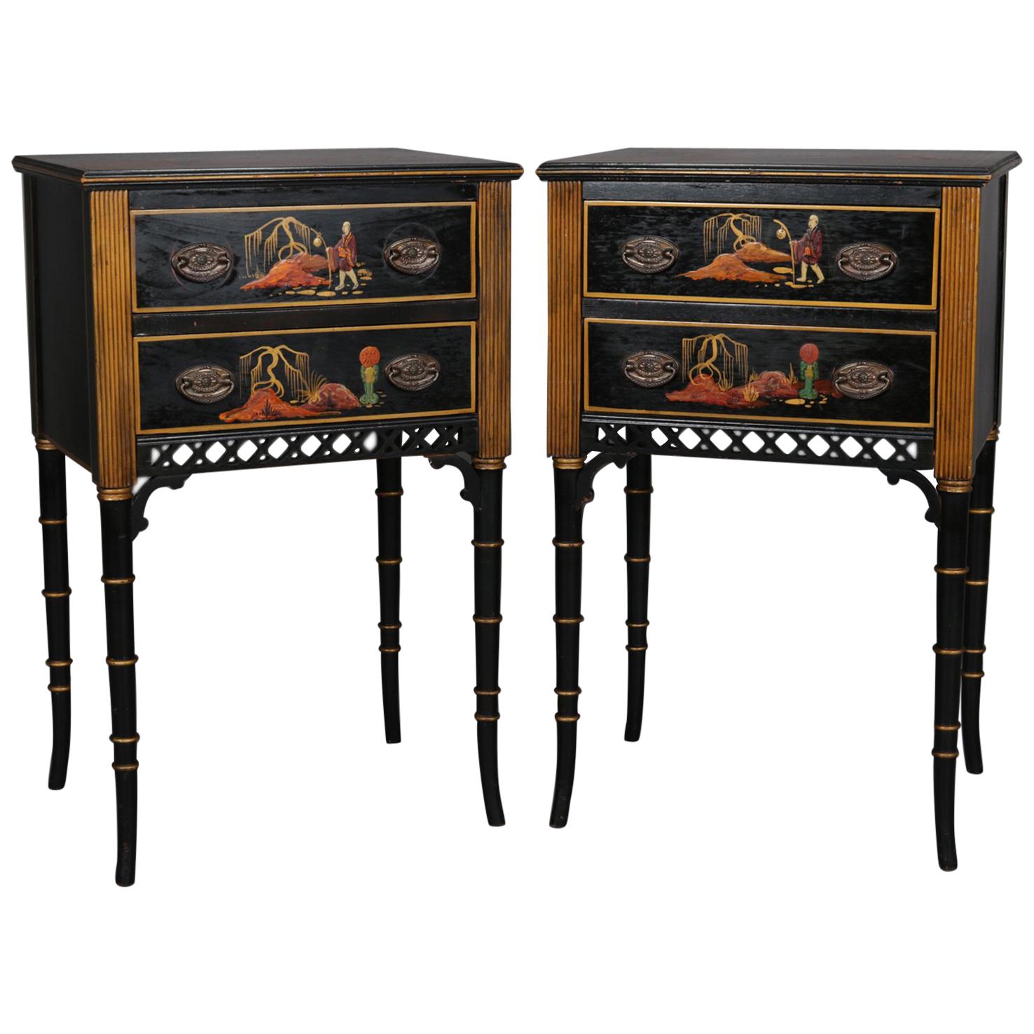 Pair of Vintage Ebonized, Gilt & Hand Painted Chinoiserie 2-Drawer End Stands