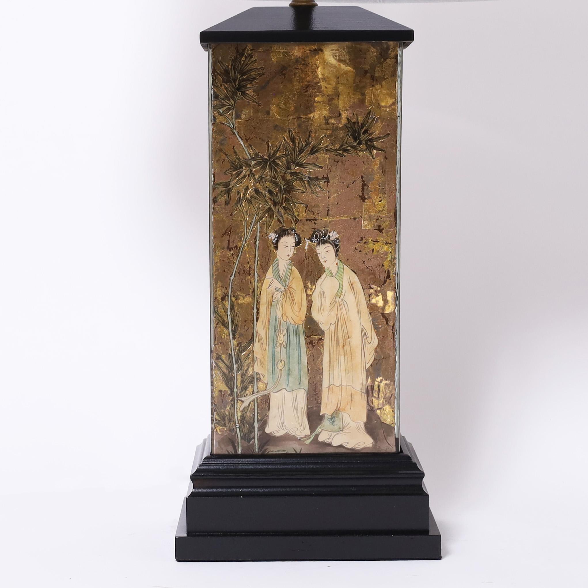 Italian Pair of Vintage Eglomise Chinoiserie Table Lamps