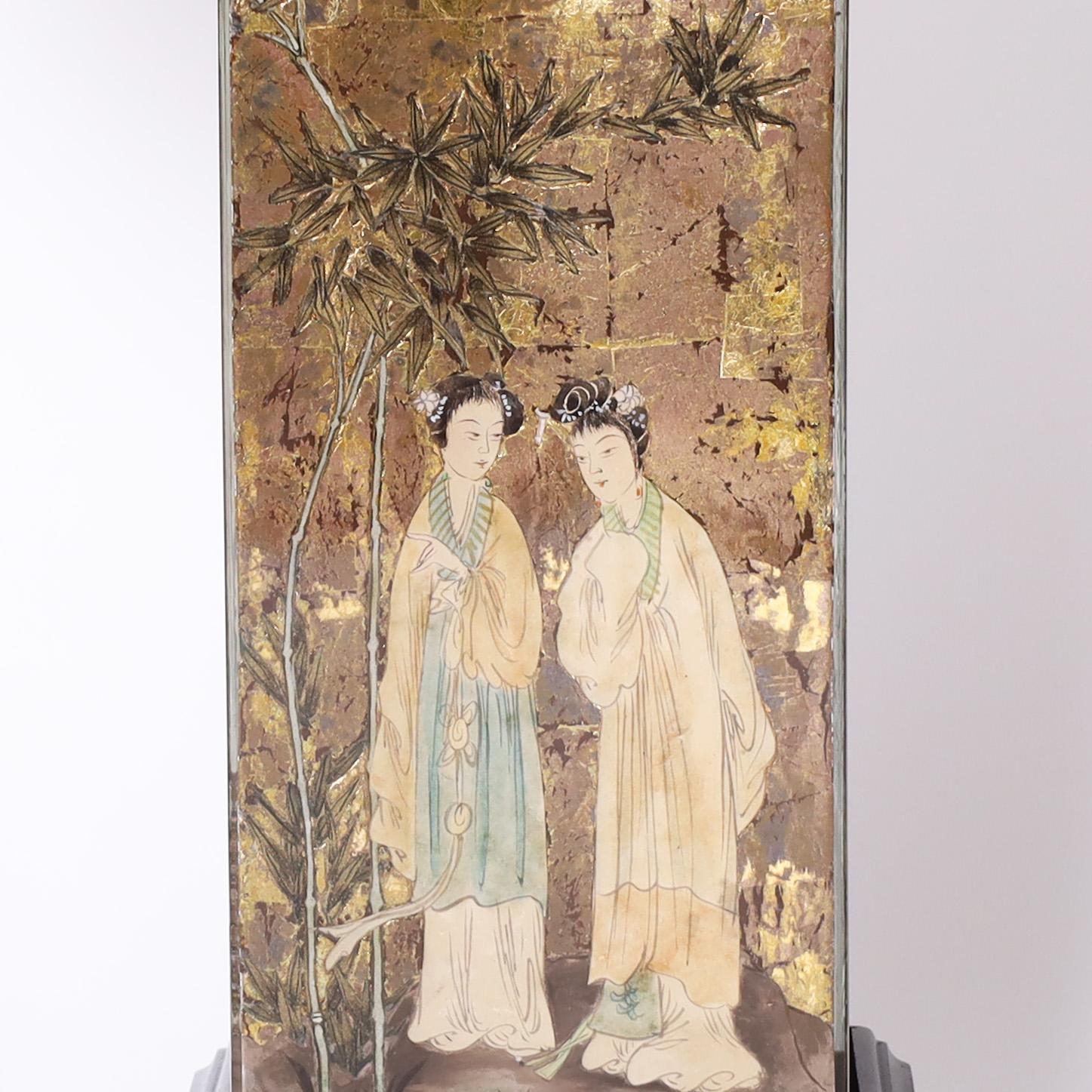Hand-Crafted Pair of Vintage Eglomise Chinoiserie Table Lamps