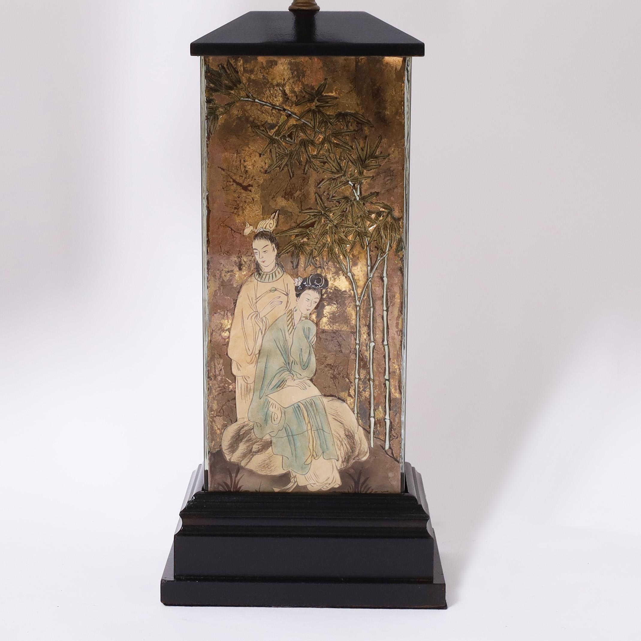 Pair of Vintage Eglomise Chinoiserie Table Lamps In Good Condition In Palm Beach, FL