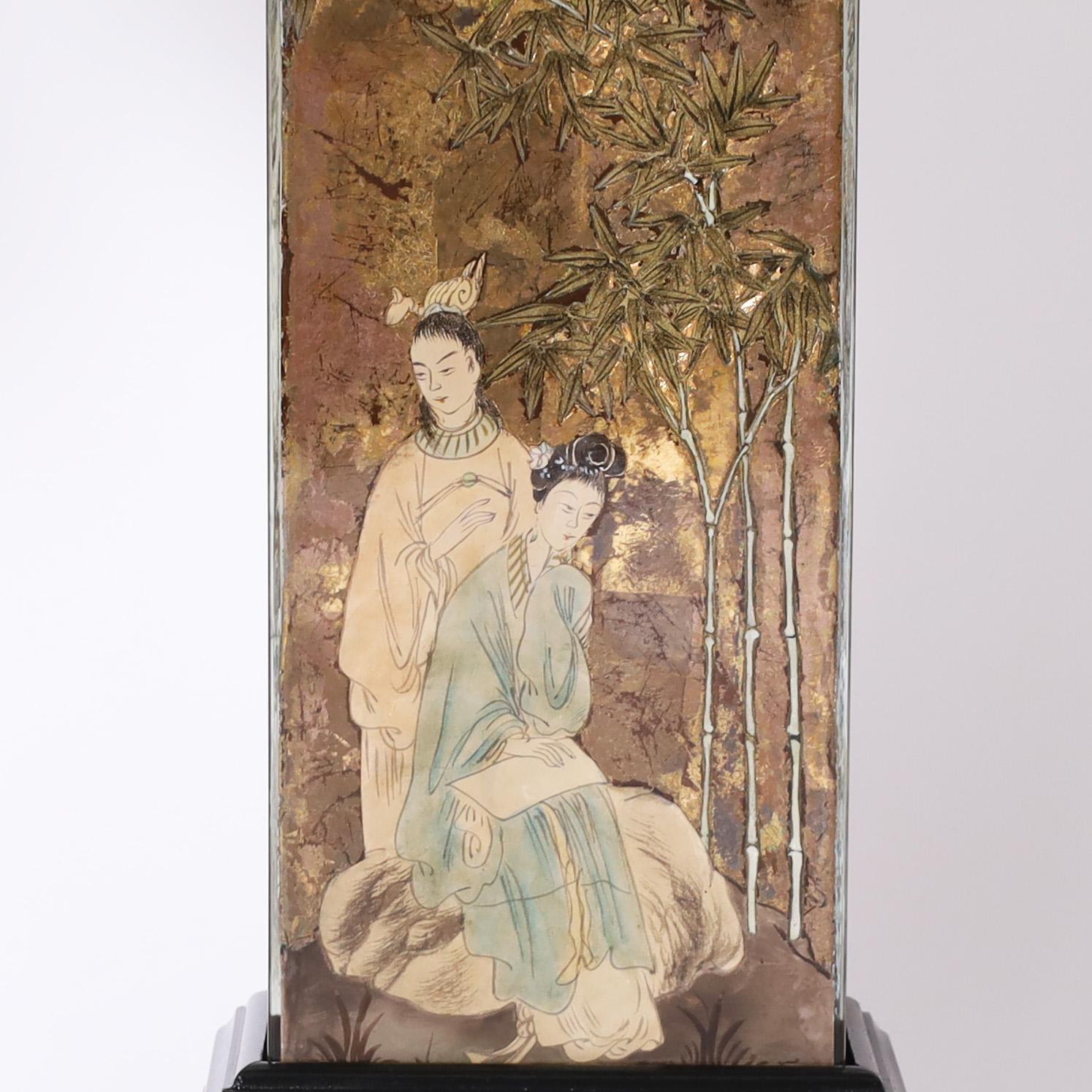 20th Century Pair of Vintage Eglomise Chinoiserie Table Lamps