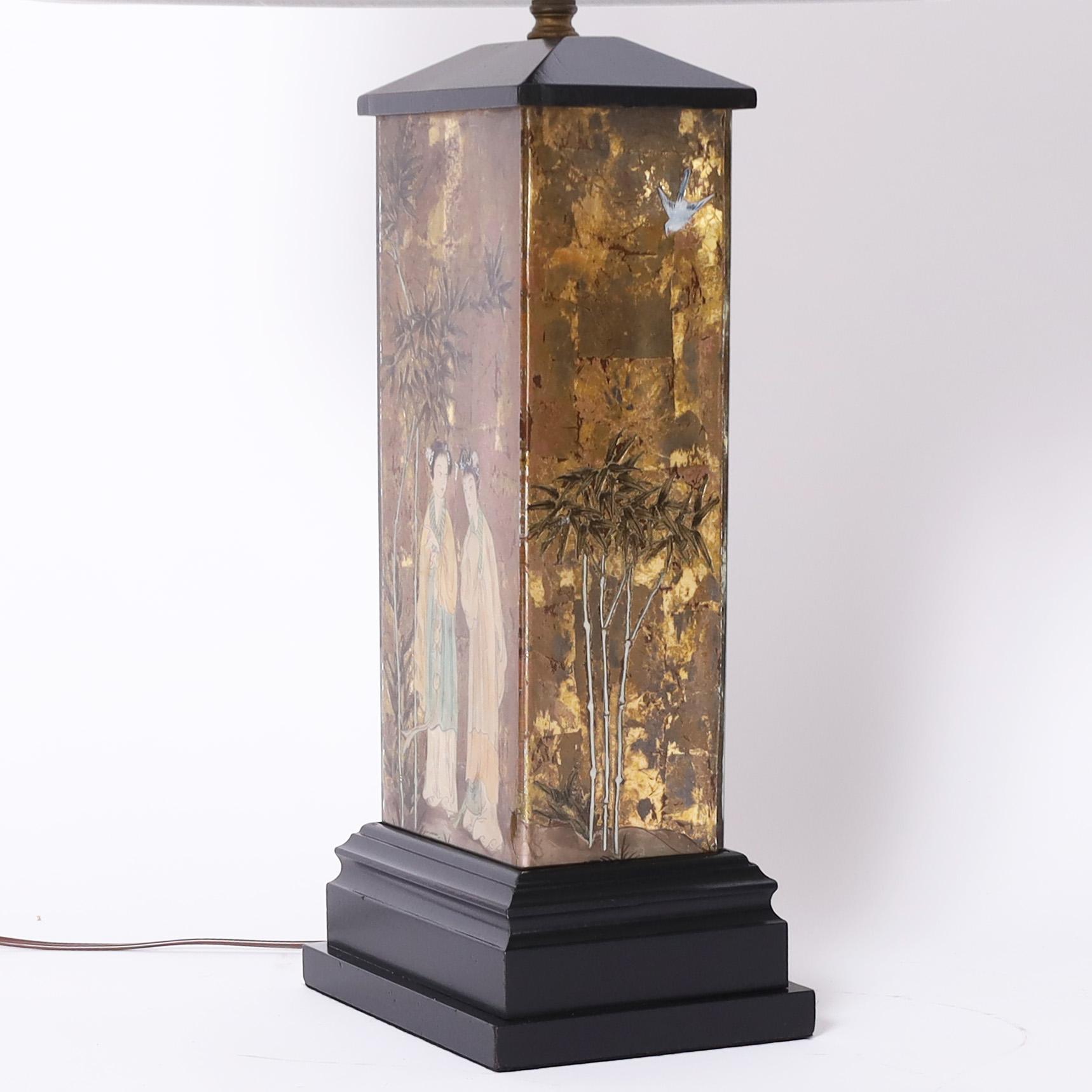 Glass Pair of Vintage Eglomise Chinoiserie Table Lamps