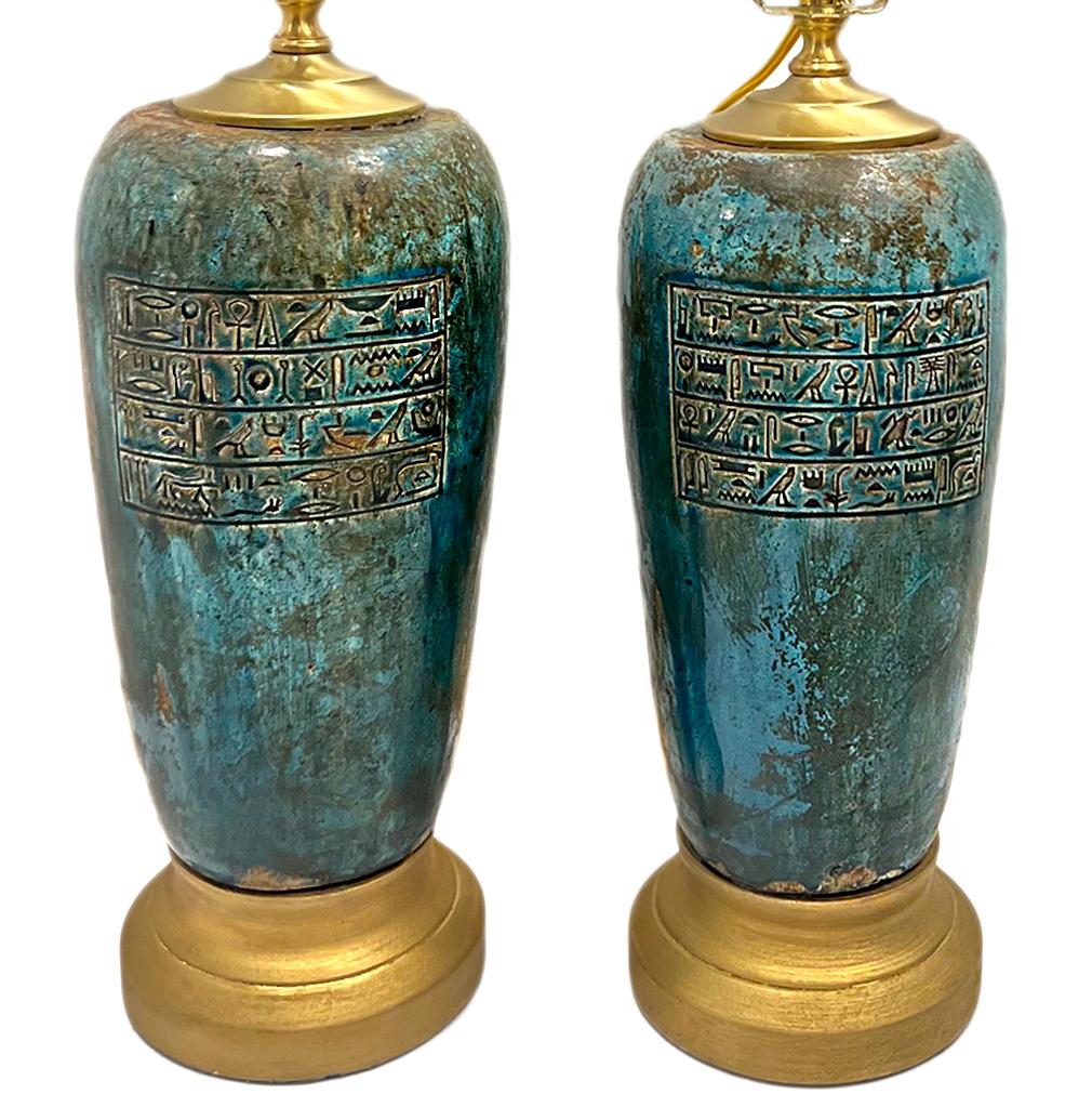 Hand-Carved Pair of Vintage Egyptian Motif Lamps For Sale