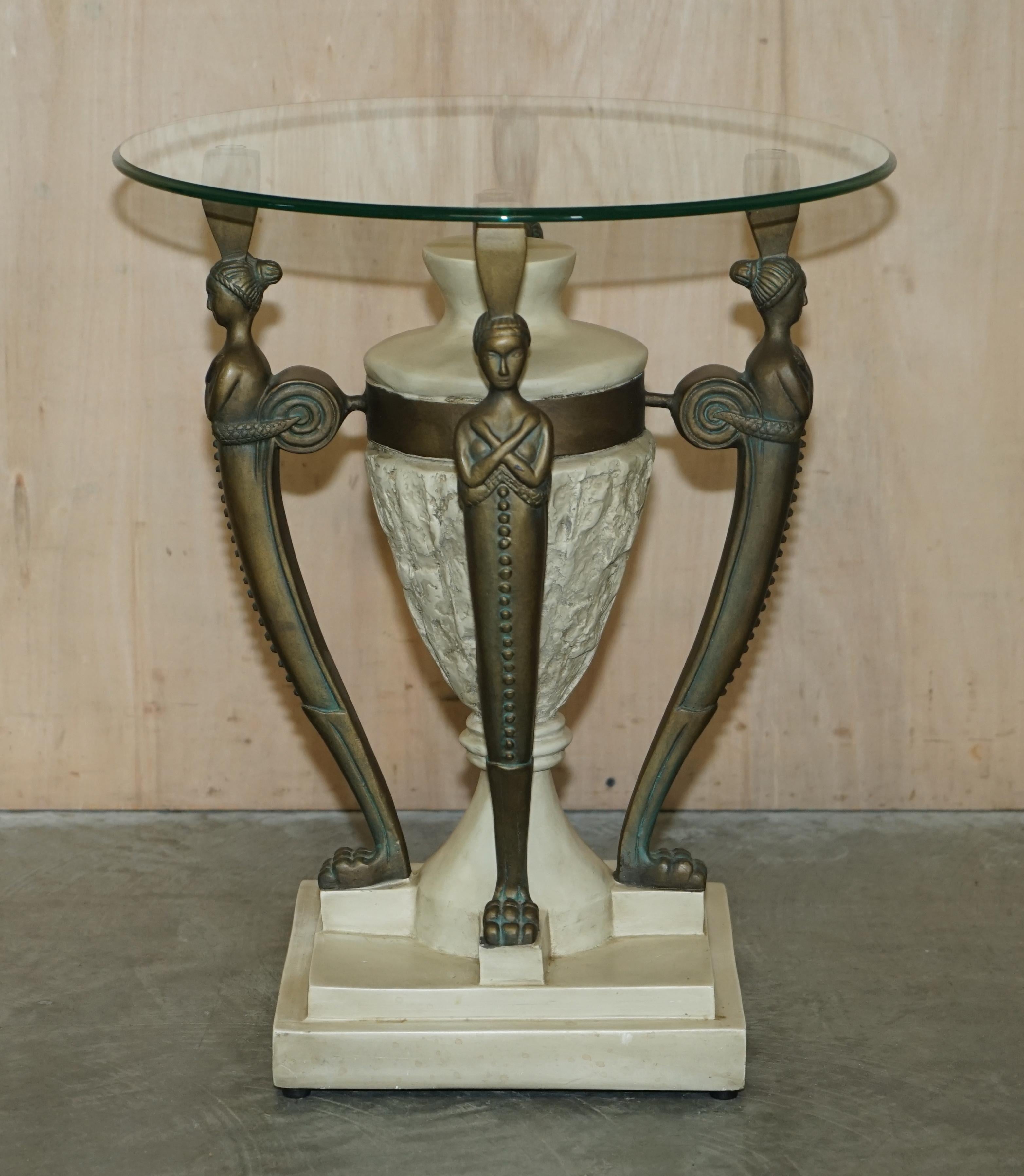 Pair of Vintage Egyptian Revival Side End Lamp Wine Tables with Solid Glass Tops For Sale 9