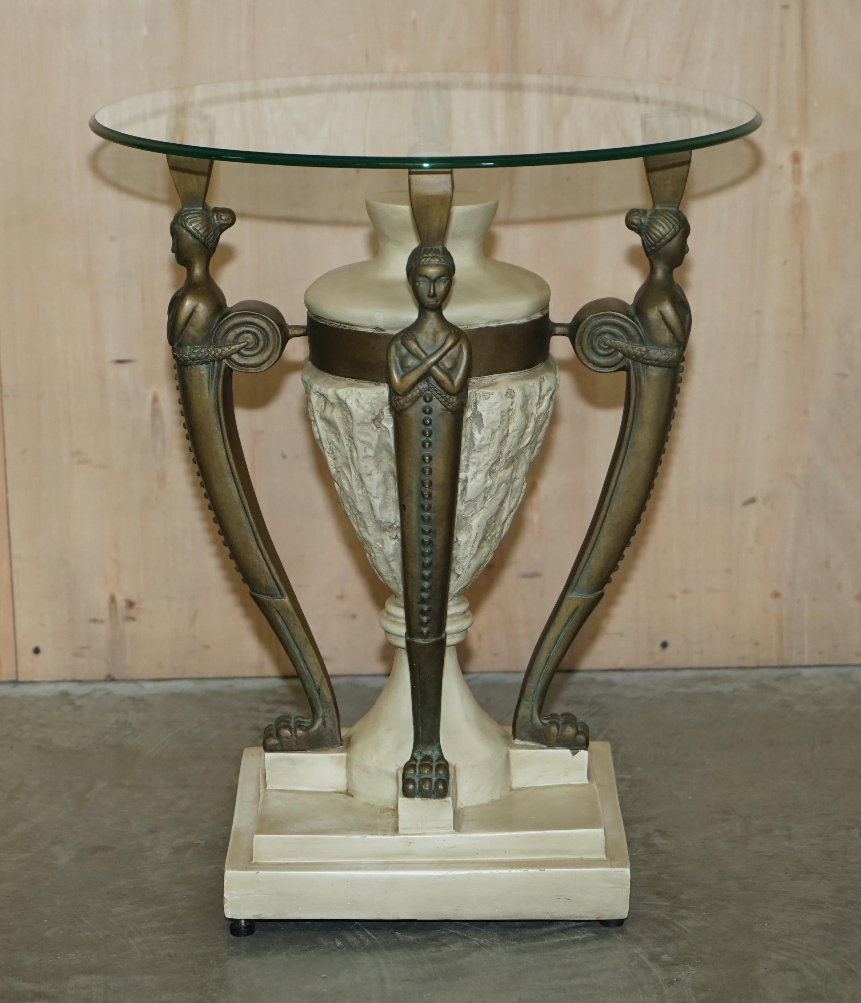 Pair of Vintage Egyptian Revival Side End Lamp Wine Tables with Solid Glass Tops For Sale 10