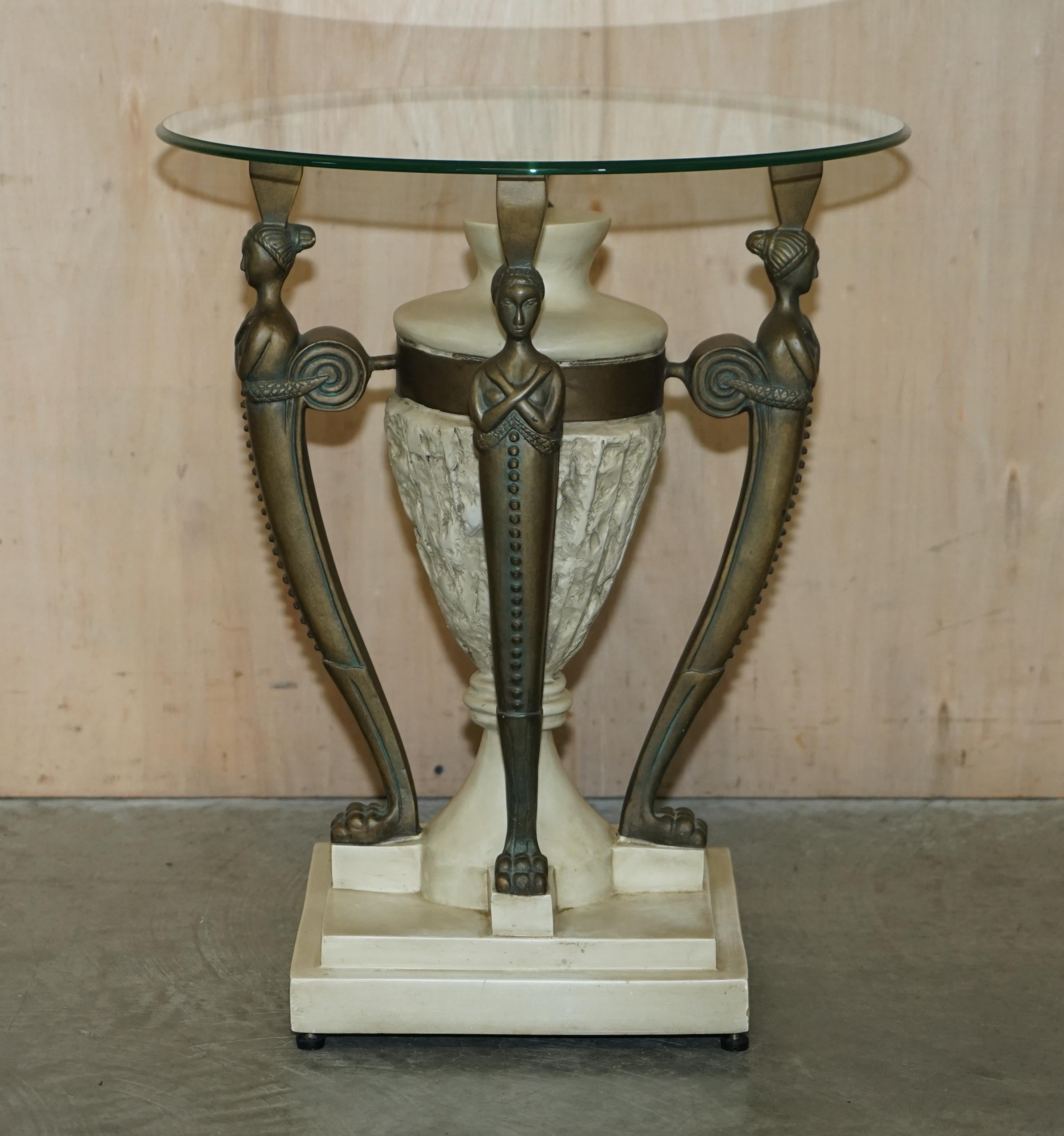Pair of Vintage Egyptian Revival Side End Lamp Wine Tables with Solid Glass Tops For Sale 11