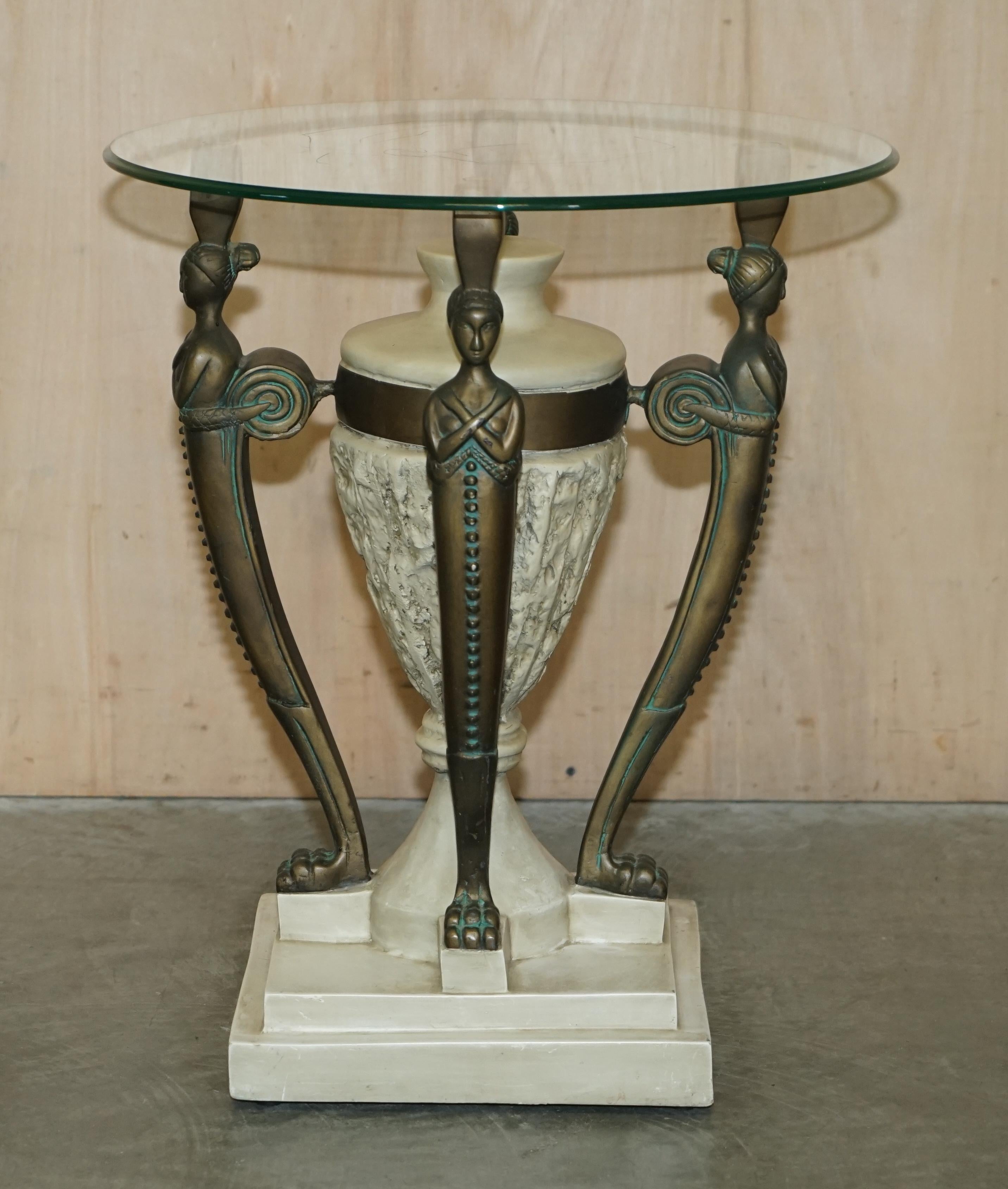 Pair of Vintage Egyptian Revival Side End Lamp Wine Tables with Solid Glass Tops For Sale 14
