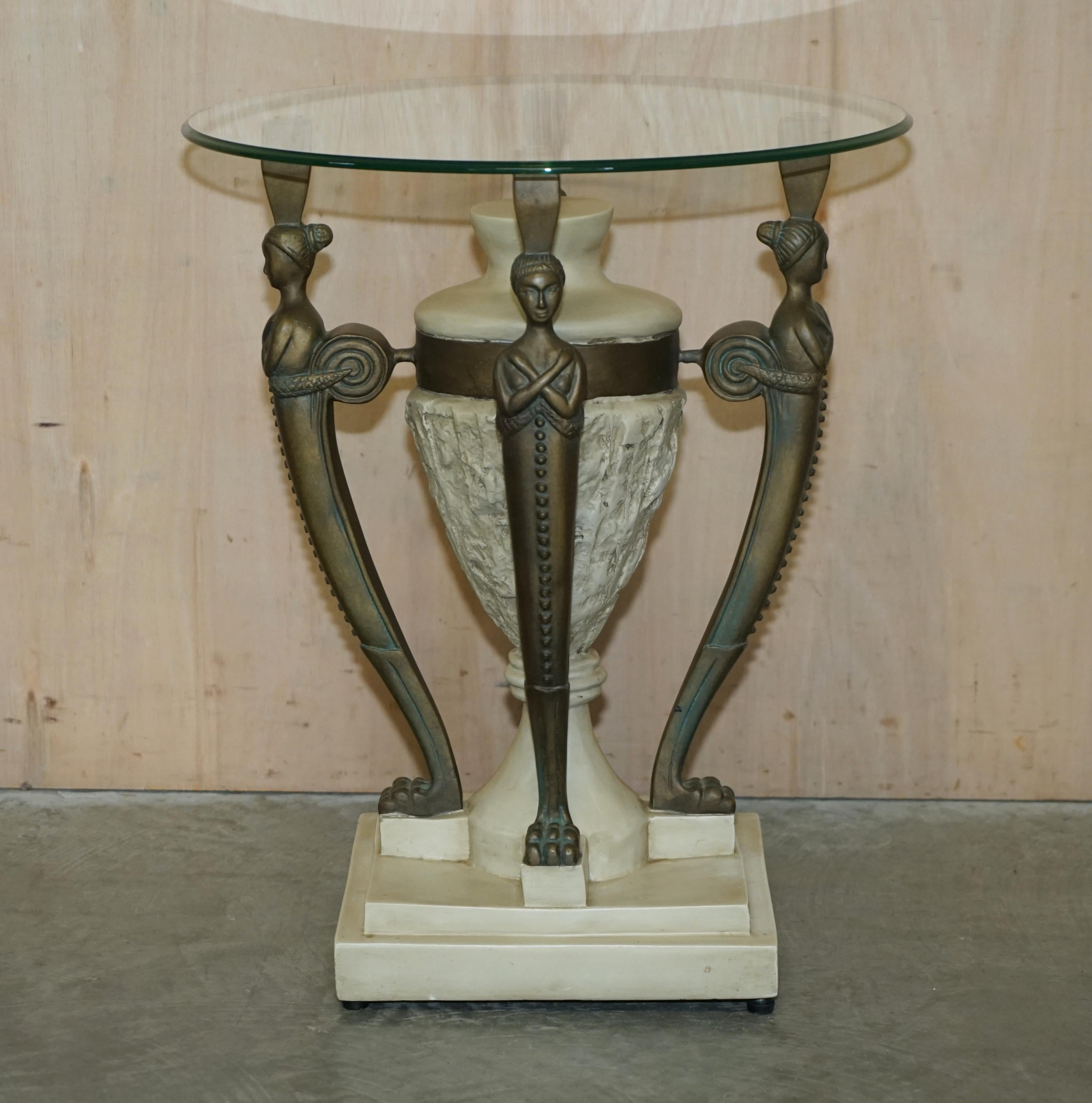 European Pair of Vintage Egyptian Revival Side End Lamp Wine Tables with Solid Glass Tops For Sale