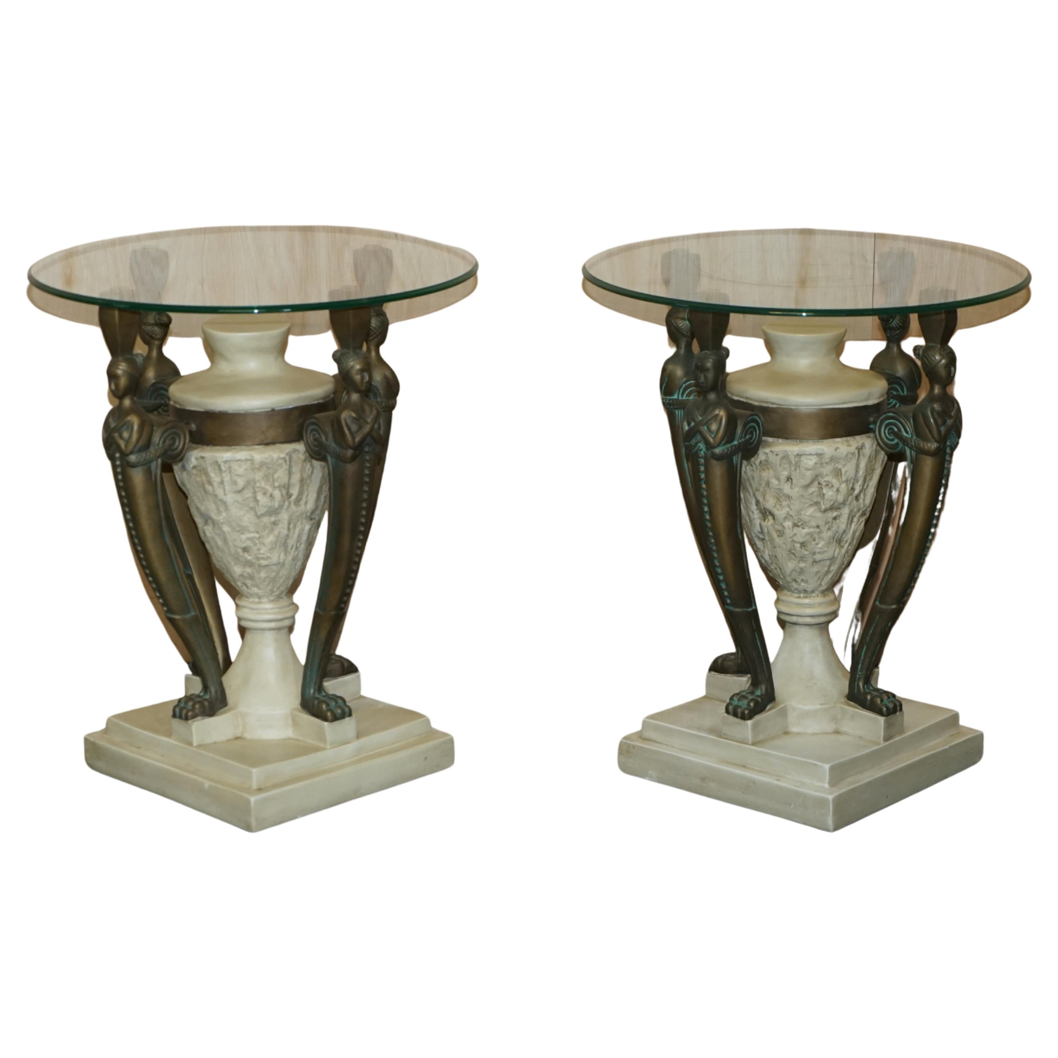 Pair of Vintage Egyptian Revival Side End Lamp Wine Tables with Solid Glass Tops For Sale