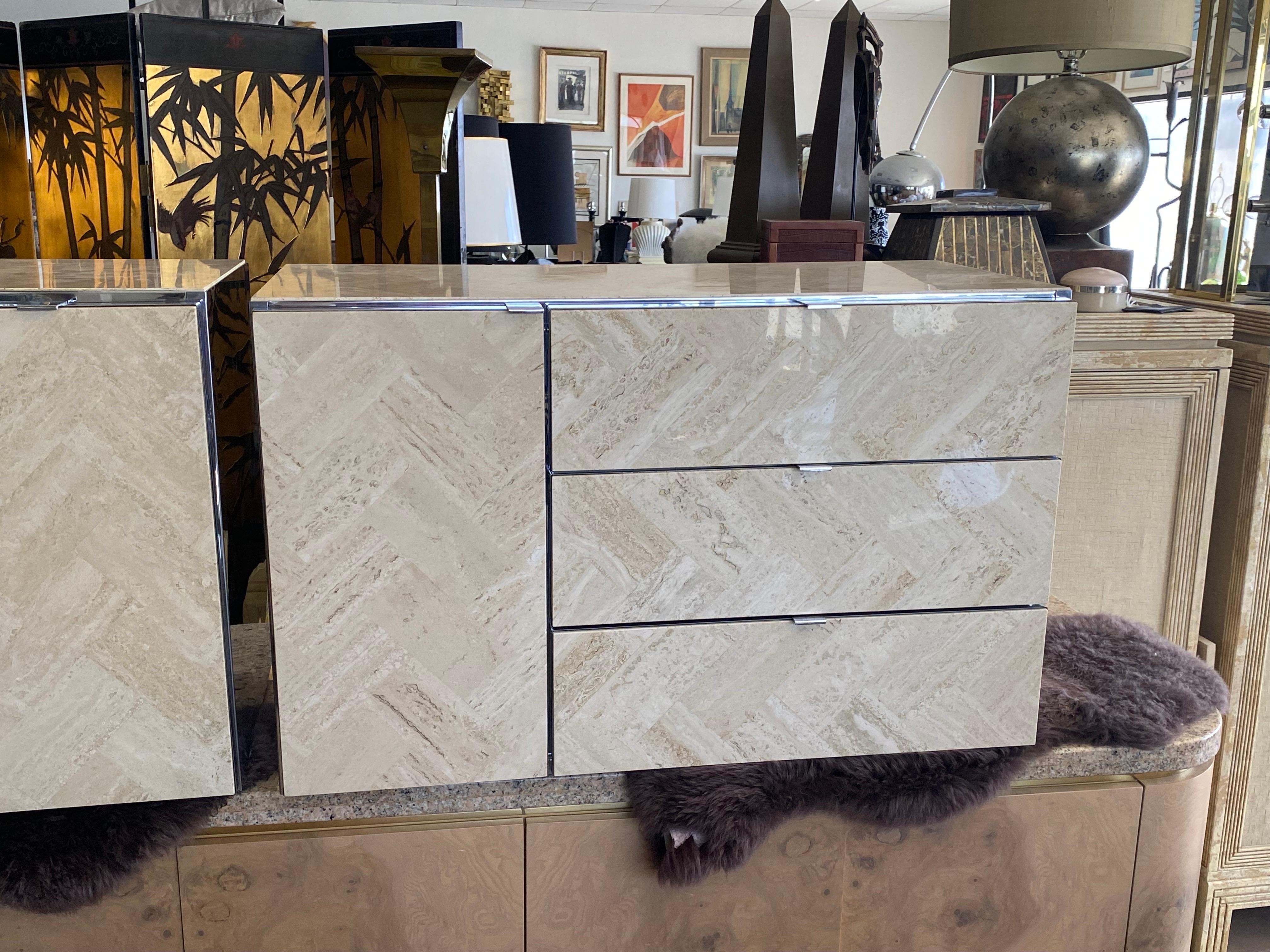 Ello Floating Nightstands with Travertine Fronts and Tops, a Pair, Rare For Sale 6