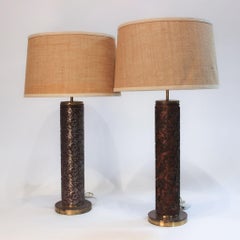 Pair of Vintage Embossed Metal and Wood Wallpaper Printing Roller Table Lamps