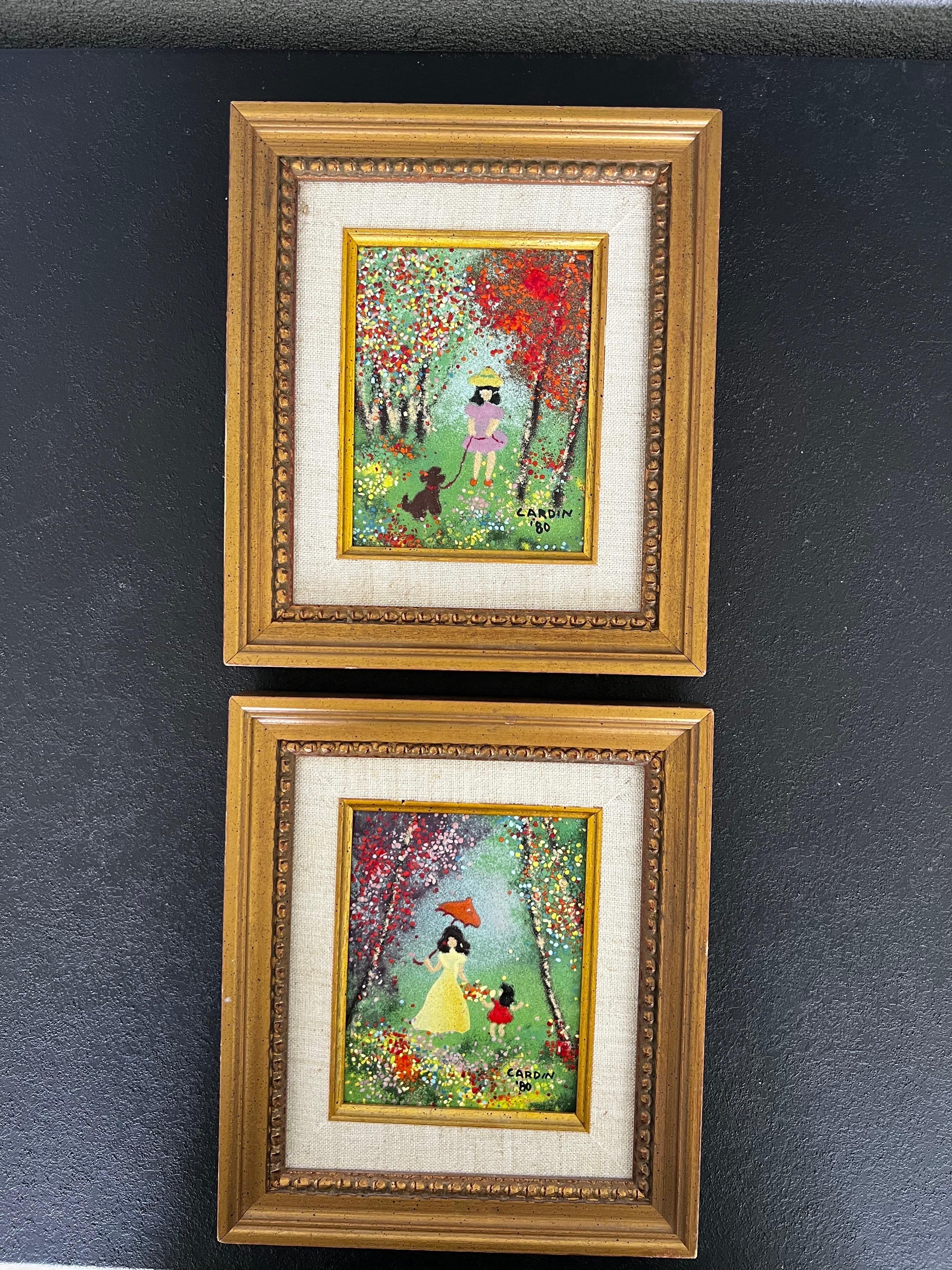 French Pair of Vintage Enamel Framed Art  by Louis Cardin For Sale