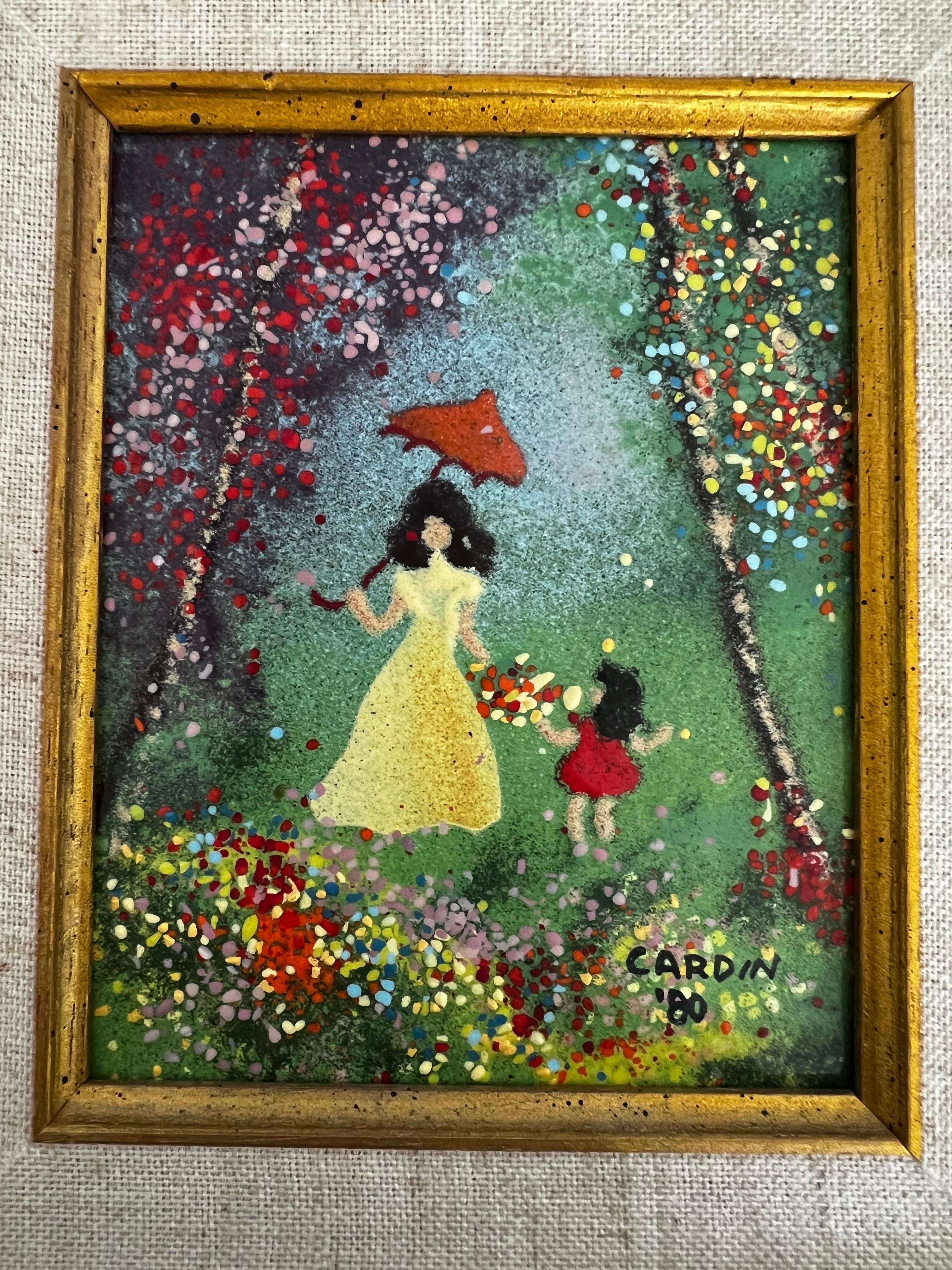 Hand-Painted Pair of Vintage Enamel Framed Art  by Louis Cardin For Sale
