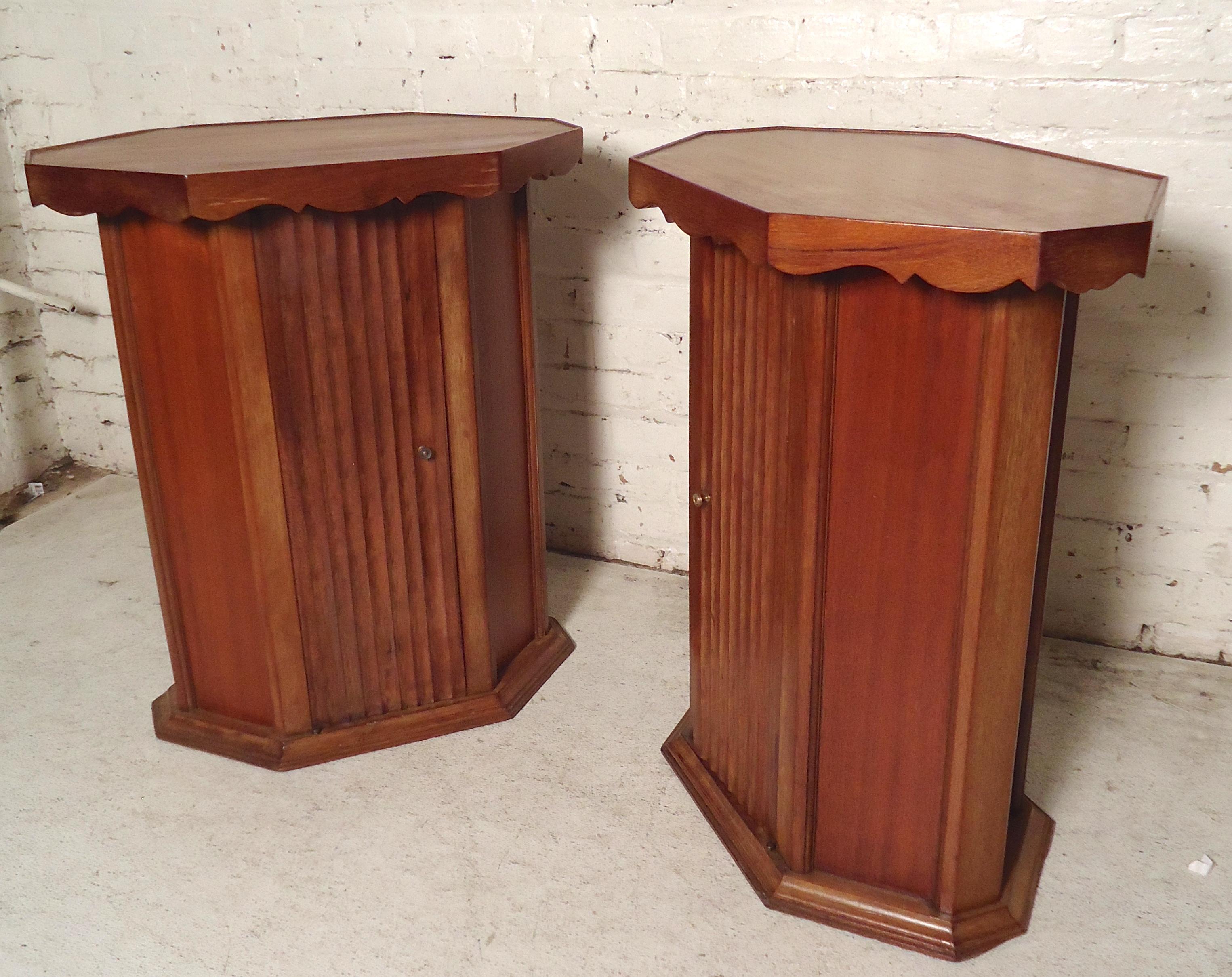 Vintage modern side tables with storage. Attractive top skirt, closed storage with small drawer, warm walnut color.
(Please confirm item location - NY or NJ - with dealer).
  