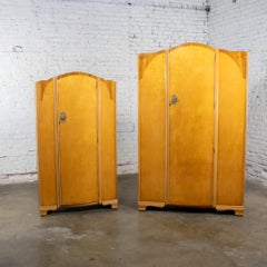 Pair of Vintage English & Art Deco Style Wardrobes w/Burled Maple & Walnut Frame