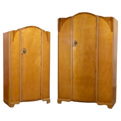 Pair of Vintage English & Art Deco Style Wardrobes w/Burled Maple & Walnut Frame