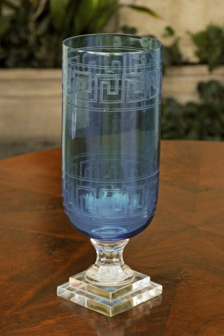 Pair Of Vintage English Blue Glass Tall Vases With Greek Key