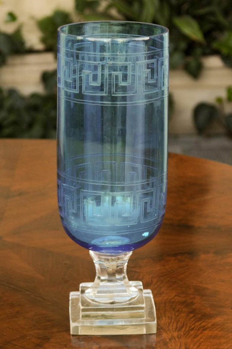 Pair of Vintage English Blue Glass Tall Vases with Greek Key Motifs and