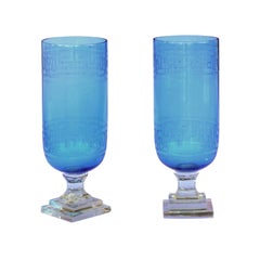 Pair of Vintage English Blue Glass Tall Vases with Greek Key Motifs and Bases